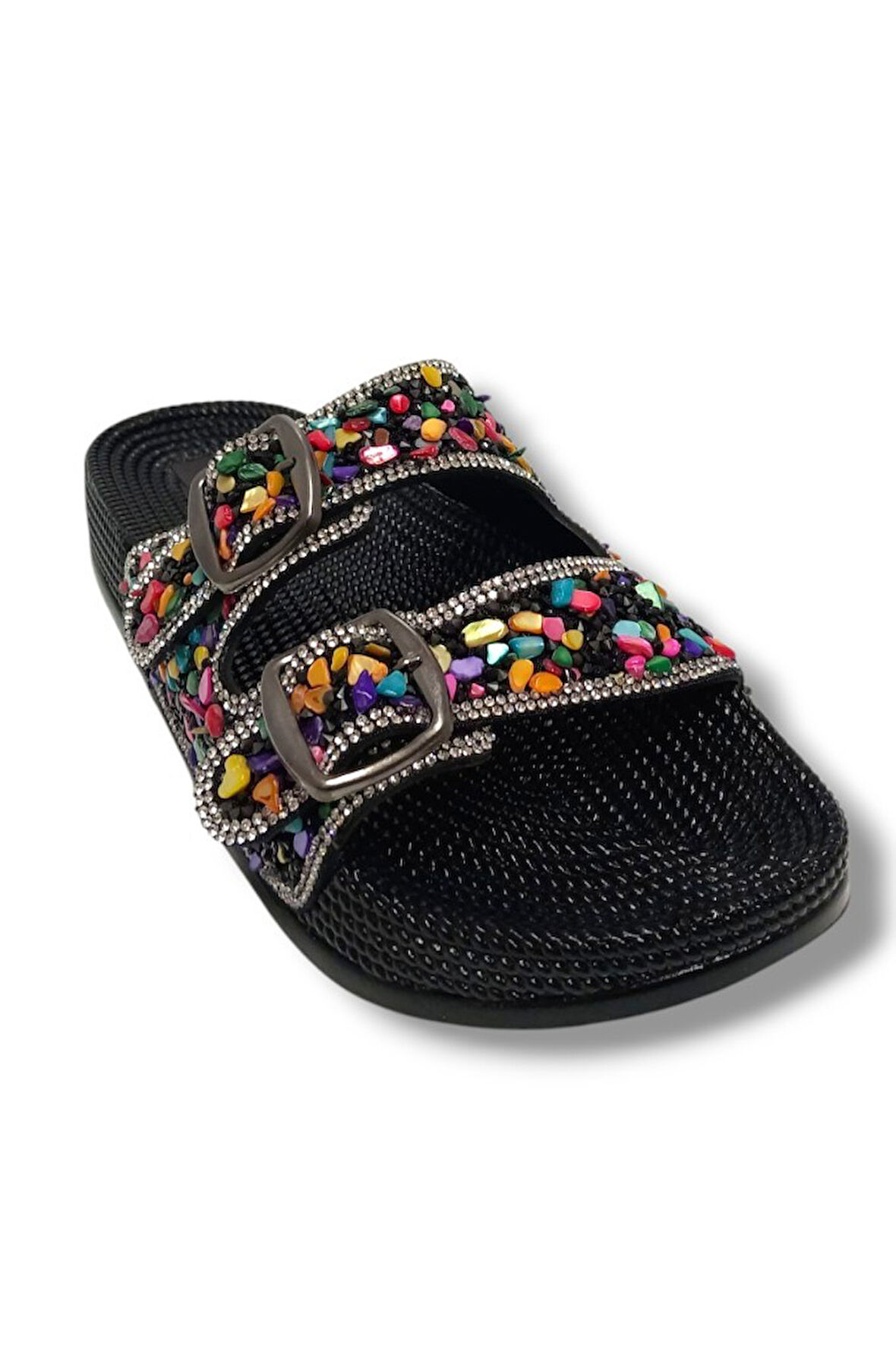 Pienn 20057-001 Anatomik Fashion Taşlı  Kadın Terlik Siyah Multi
