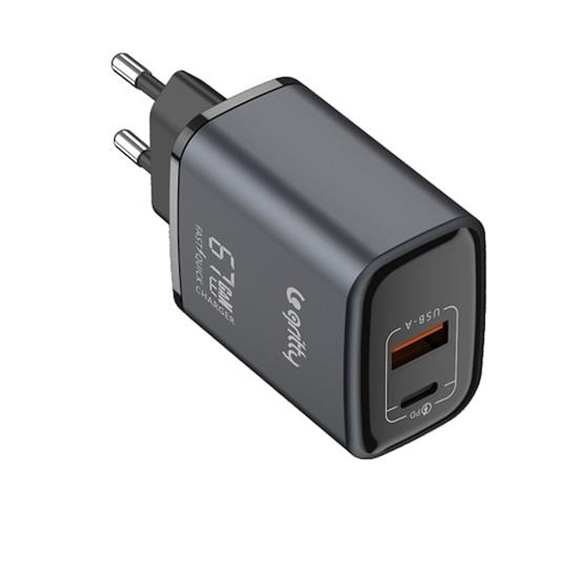 Gritty GAN 67W Notebook Şarjlı 2 Portlu USB-A Type-C PD Hızlı Şarj Adaptörü Siyah (GC-U67)  