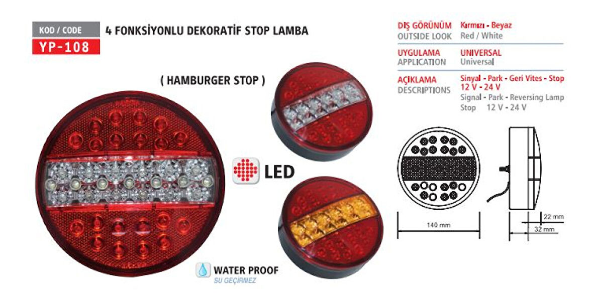Unıversal Truck Stop Lambası Hamburger Tip 4 Fonksıyonlu Ledli - Yuceplast Yp-108 4f 12v