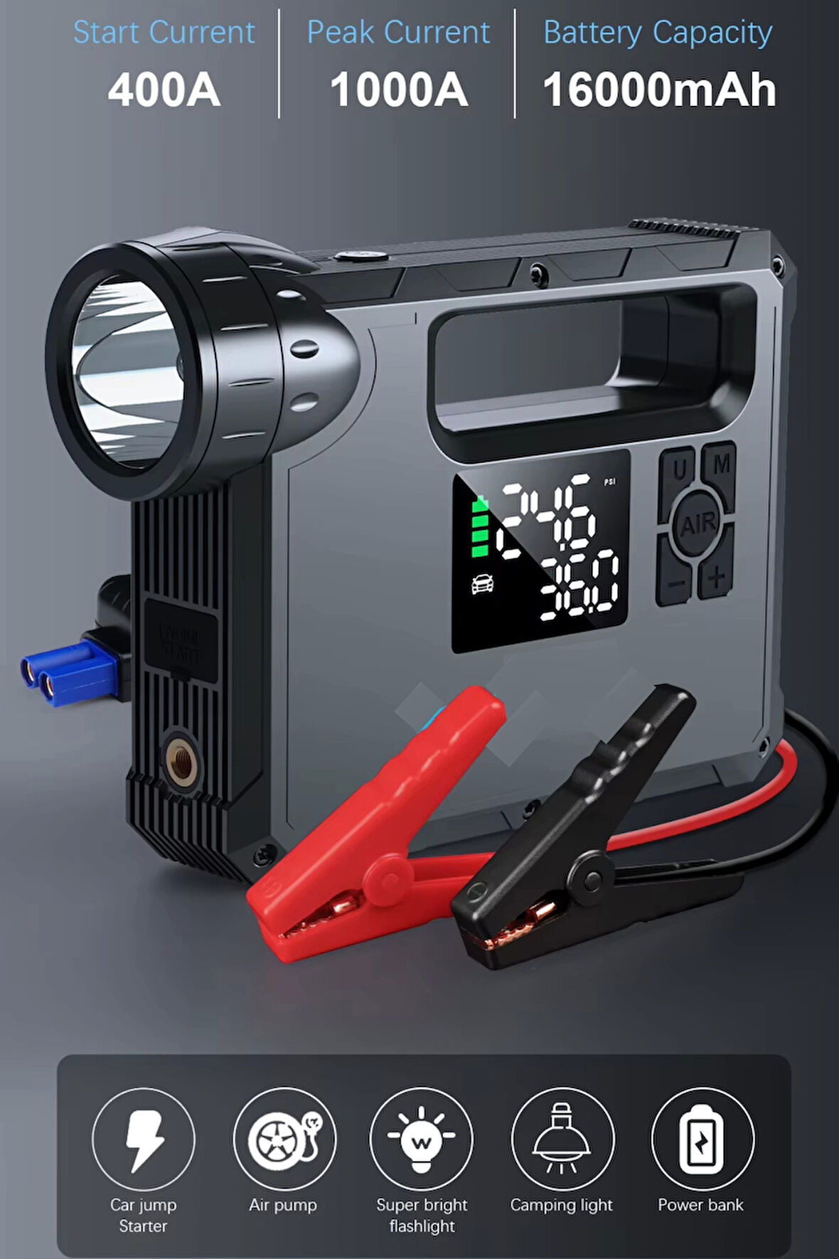 Hepu Hp-M01 Jump Starter 5 İn 1 16000mAh Akü Takviye Cihazı Lastik Şişirme Kompresör Lamba Powerbank Çanta