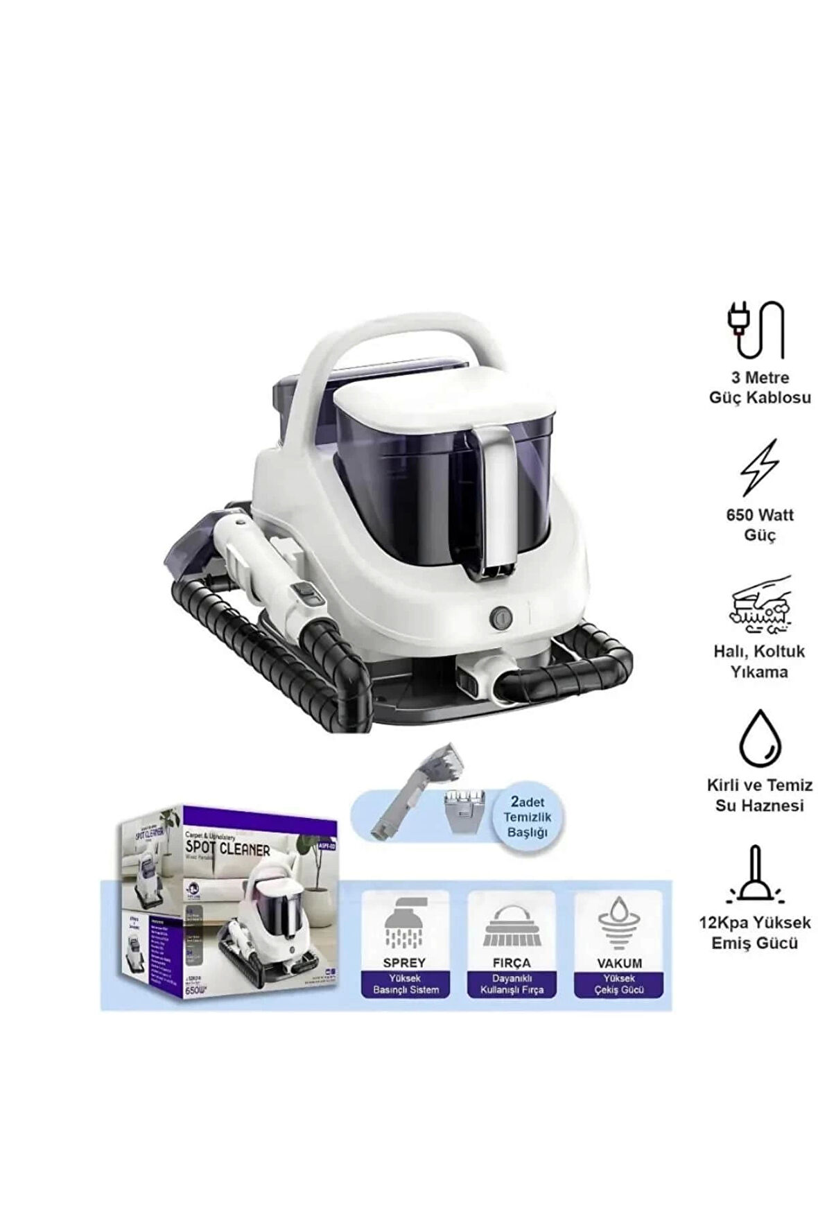 Auhma Aspt-02 Beyaz 650w Halı Koltuk Yıkama Ve Araç Içi Leke Temizleme Makinesi