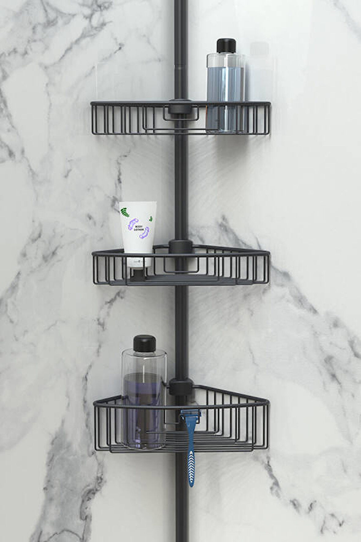 Primanova Yay Baskılı Kurulumu Kolay Üç Gözlü Alüminyum Yaylı Banyo Köşe Rafı Siyah-M-N29-06-3