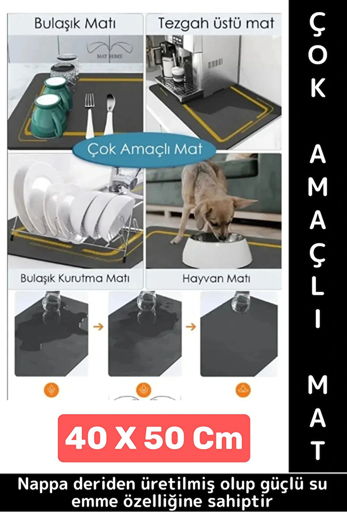 Kaymaz Kauçuk Güçlü Su Emici Tezgah Üstü Banyo Mutfak Bulaşık Kapı Önü Çok Amaçlı Mat 40 X 50 Cm