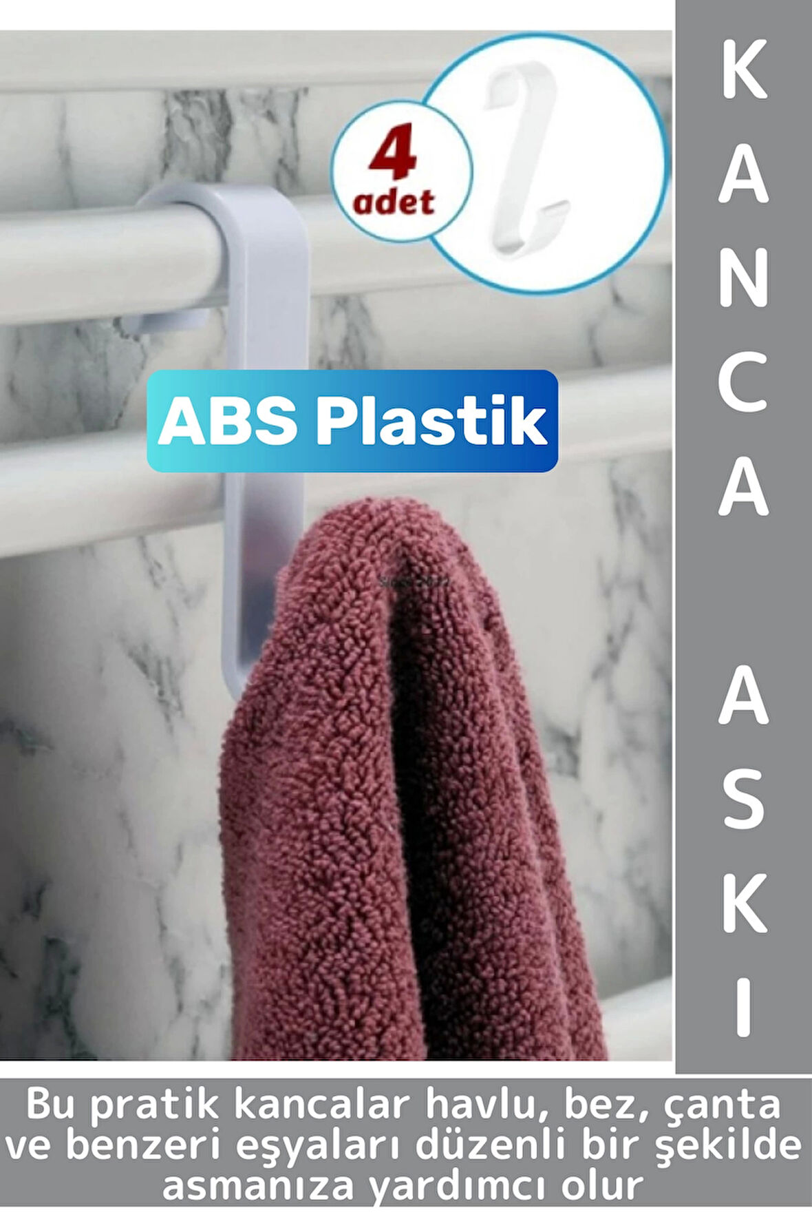 Dayanıklı Montajsız Çok Amaçlı Mutfak Banyo Dolap Bez Havlu Çanta ABS Sert Plastik Kanca Askı 4 Adet