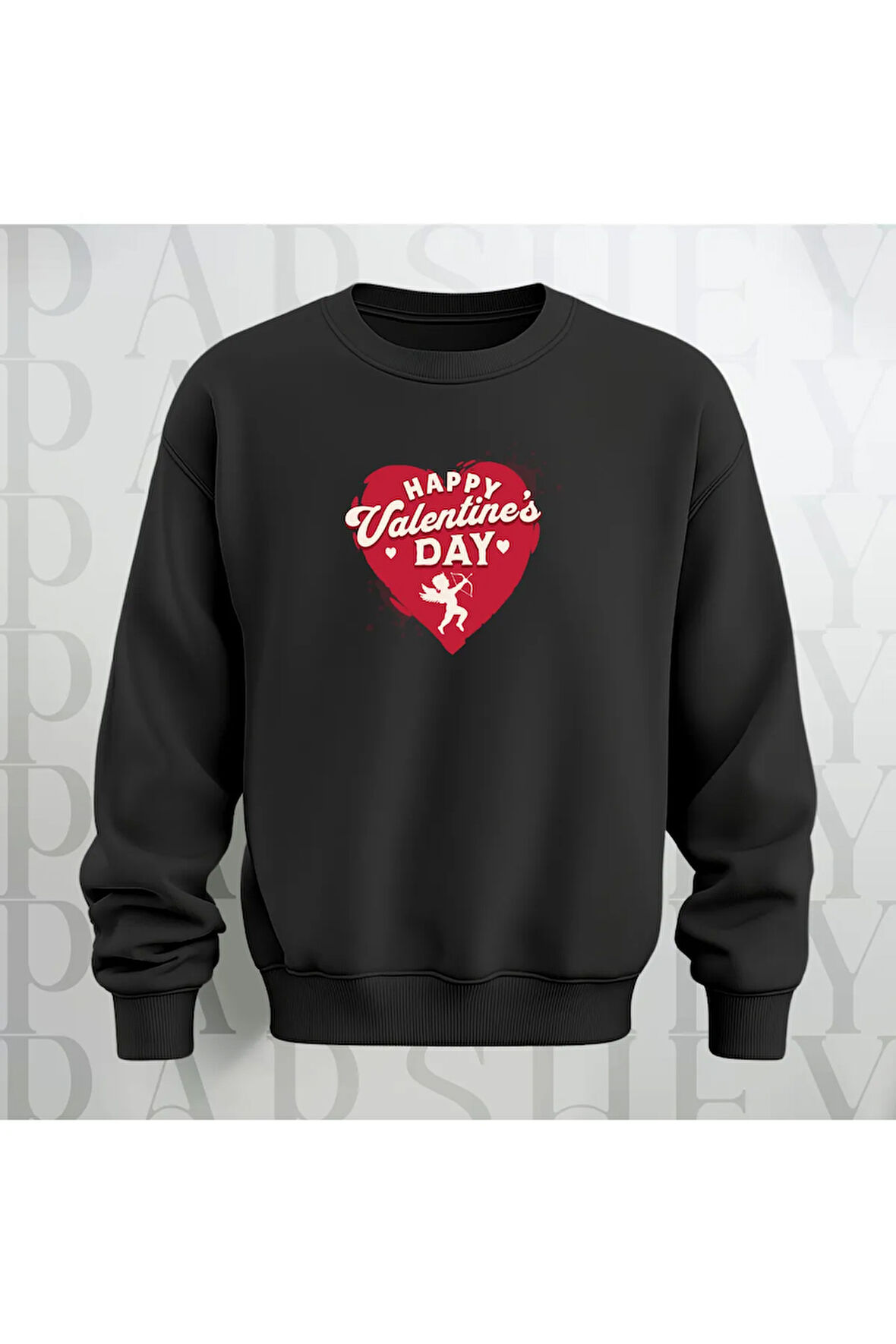 Happy Valentine's Day Kalp Desenli Oversize Bisiklet Yaka Sweatshirt 3 İplik Şardonlu