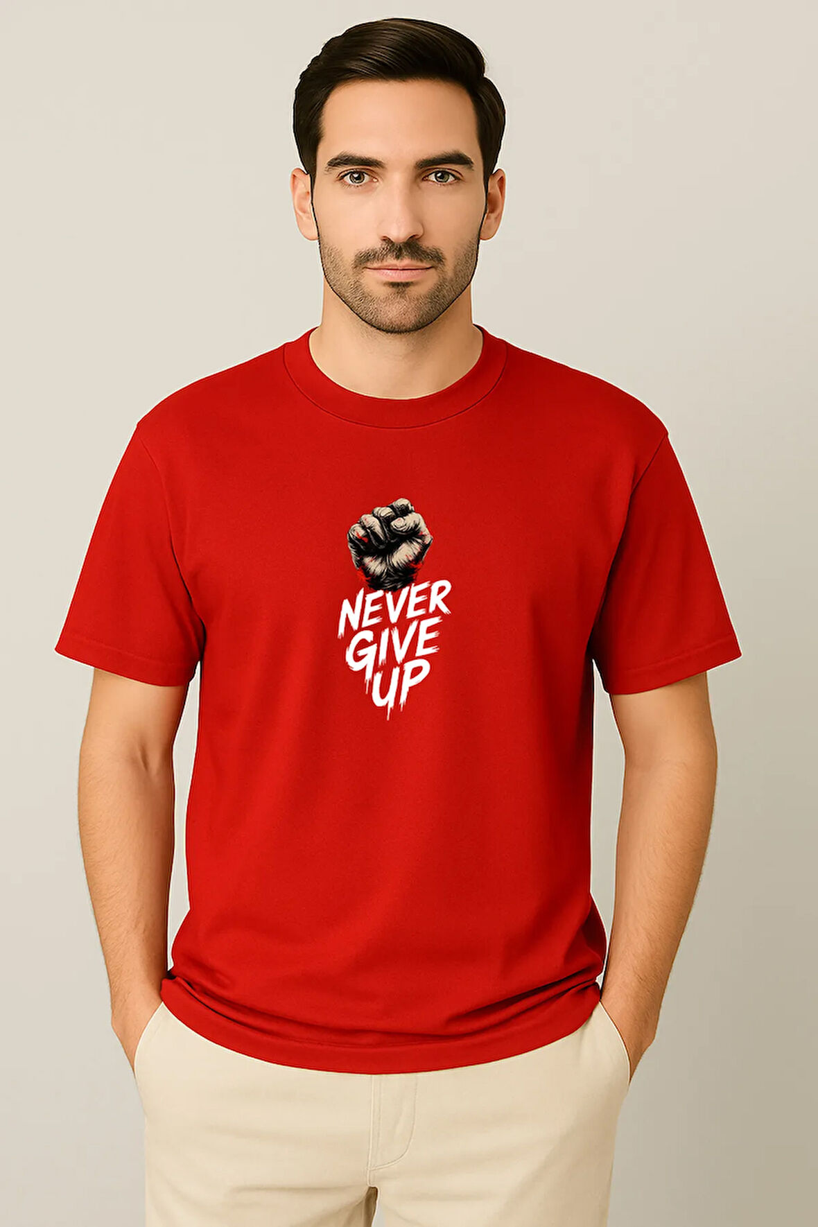 Erkek - Kadın Never Give Up Baskılı Unisex Yarım Kollu Bisiklet Yaka %100 Pamuk Oversize T-shirt