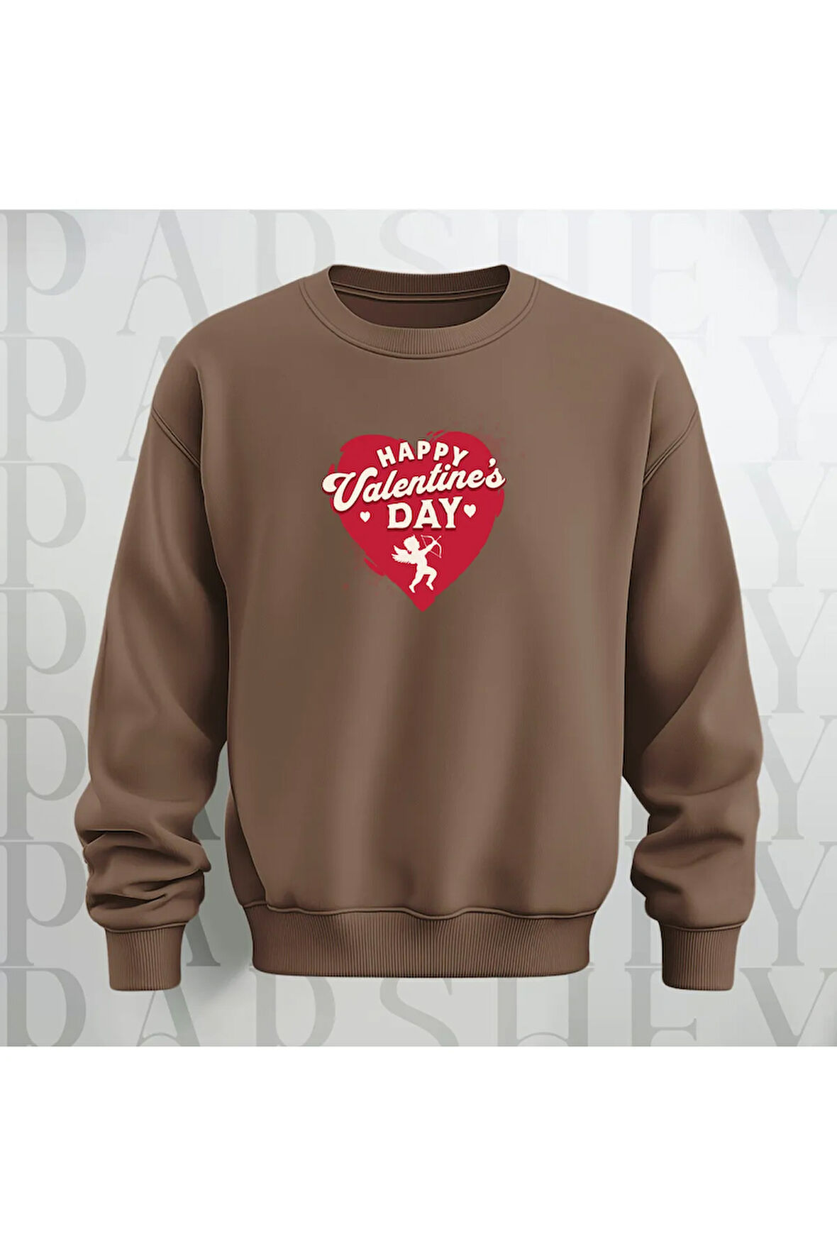 Happy Valentine's Day Kalp Desenli Oversize Bisiklet Yaka Sweatshirt 3 İplik Şardonlu