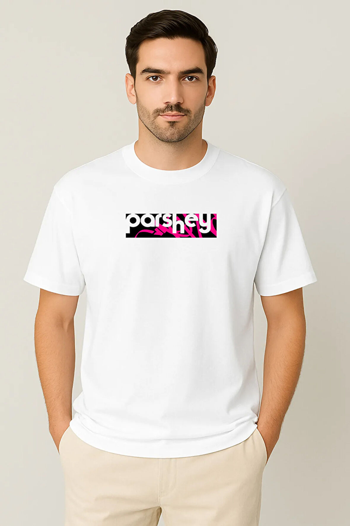 Erkek - Kadın Unisex PARSHEY Pink Street Logo Baskılı Bisiklet Yaka %100 Pamuk Oversize T-shirt
