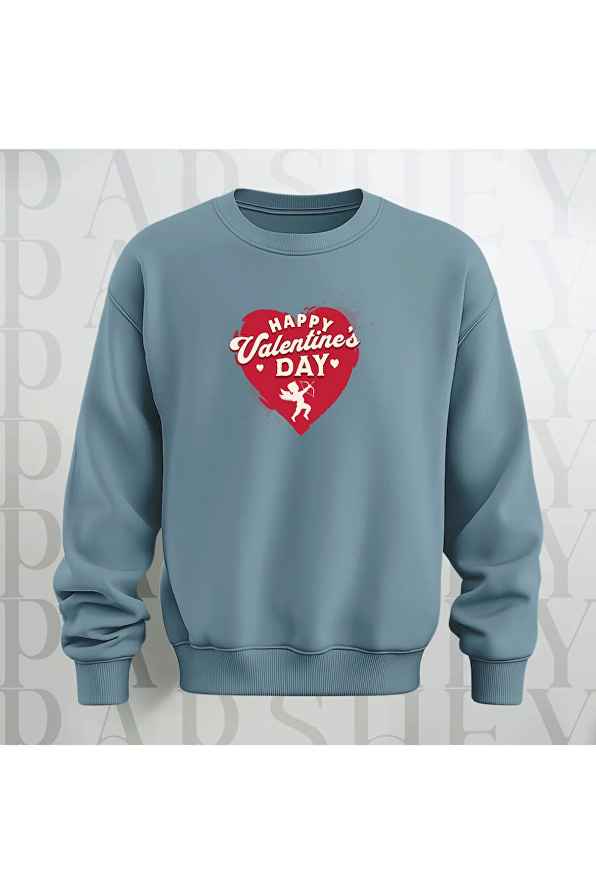 Happy Valentine's Day Kalp Desenli Oversize Bisiklet Yaka Sweatshirt 3 İplik Şardonlu