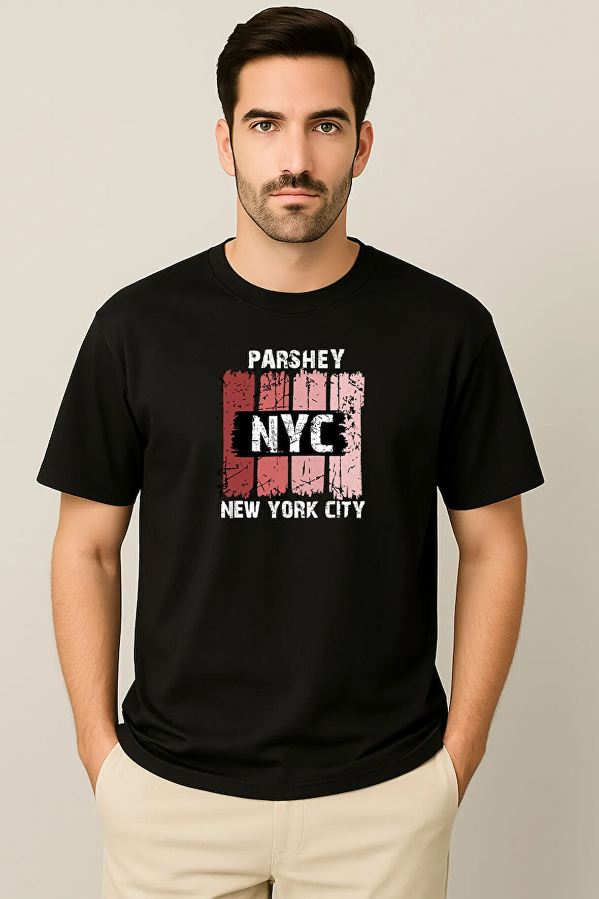 Erkek - Kadın %100 Pamuk New York City Parshey Baskılı Yarım Kollu Bisiklet Yaka T-Shirt