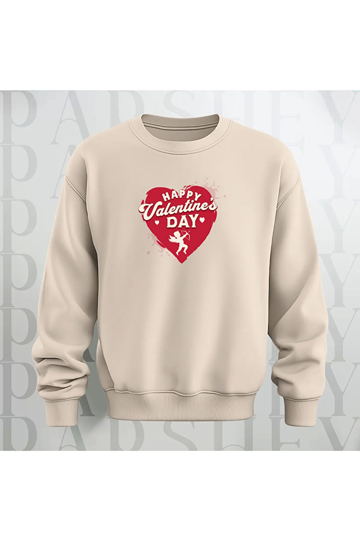 Happy Valentine's Day Kalp Desenli Oversize Bisiklet Yaka Sweatshirt 3 İplik Şardonlu