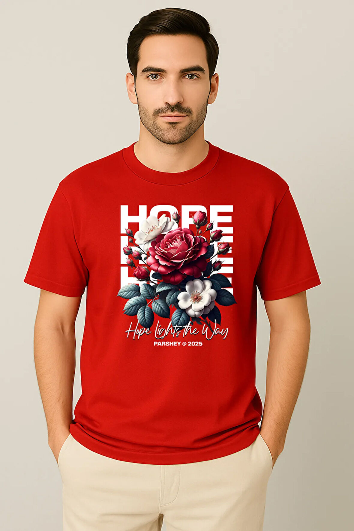 Erkek - Kadın %100 Pamuk Hope Gül Desenli Baskılı Yarım Kollu Bisiklet Yaka T-Shirt