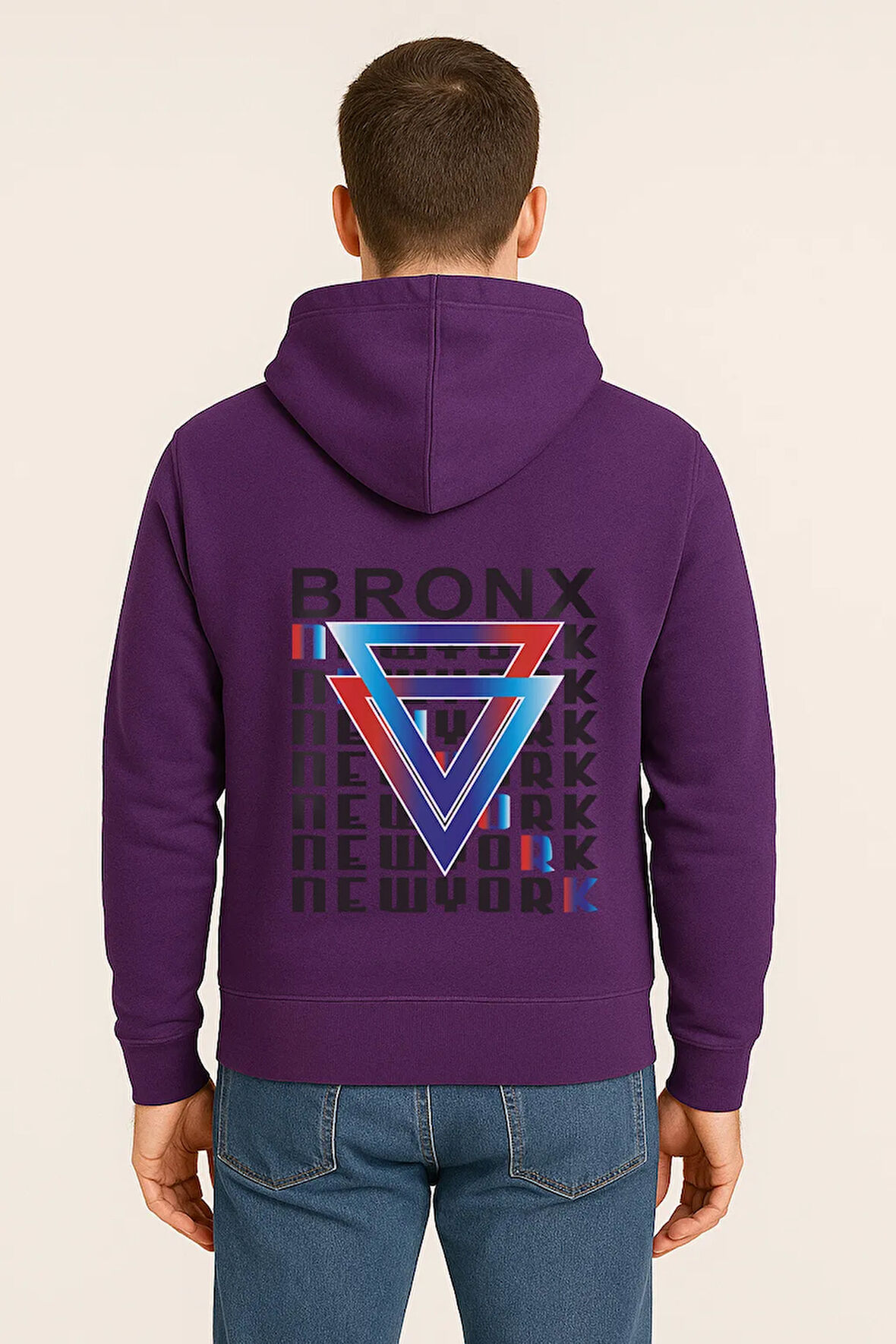 Bronx New York Baskılı Oversize Hoodie – Geometrik Renkli Arka Tasarım Unisex Kapüşonlu Sweatshirt