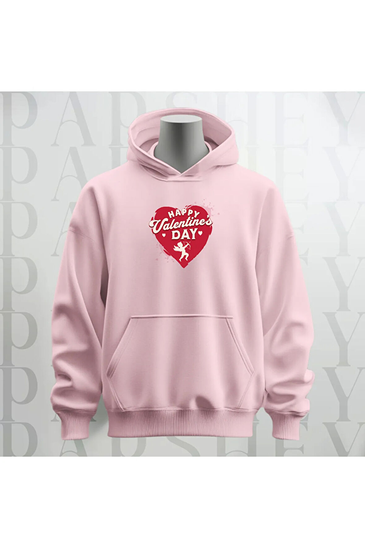 Happy Valentine's Day Kalp Desenli Kapüşonlu Oversize Sweatshirt Hoodie Kalın Kumaş 3 İplik Şardonlu