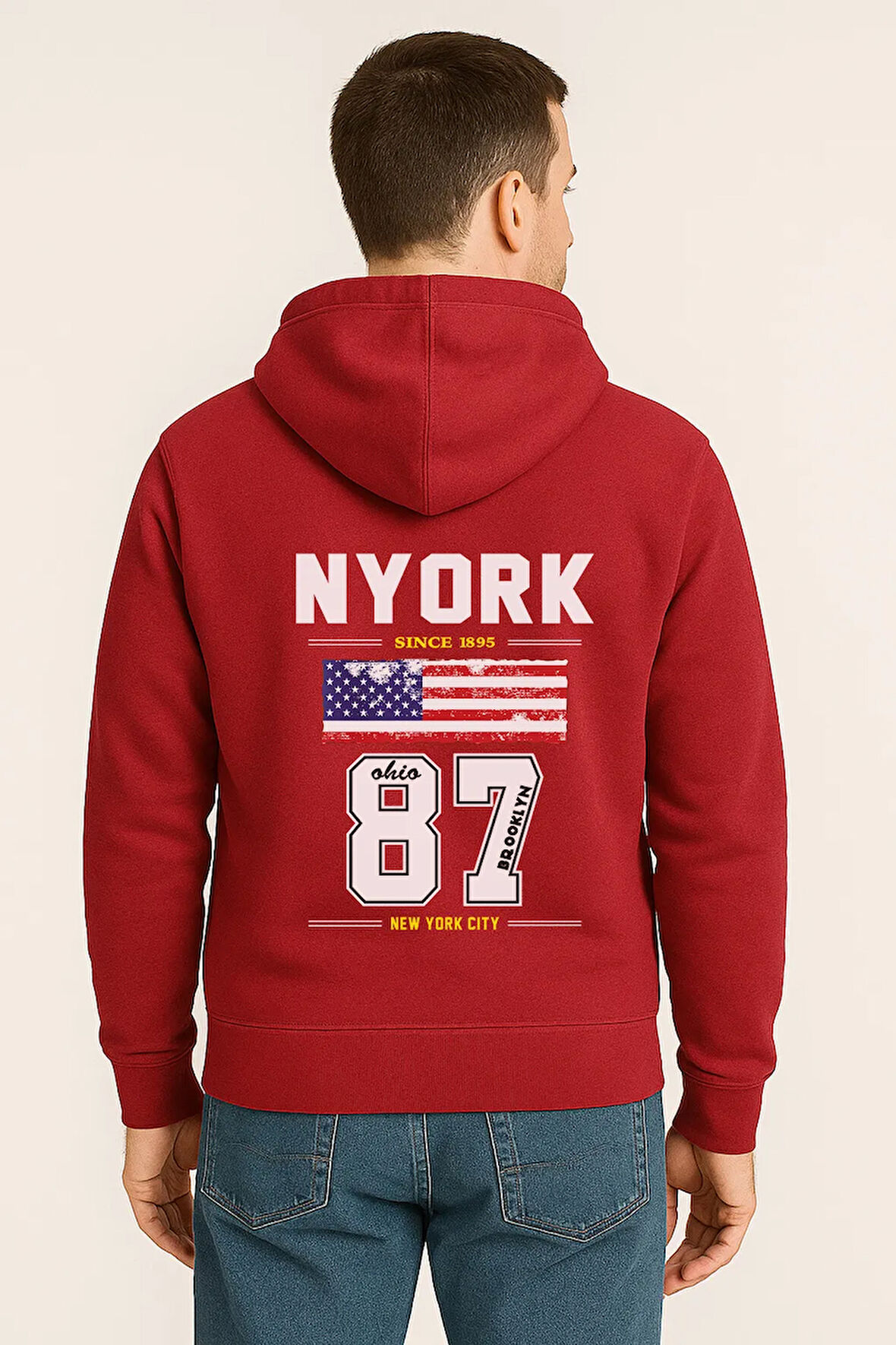 NYORK 87 Baskılı Oversize Hoodie – Amerikan Bayraklı Brooklyn New York City Kapüşonlu Sweatshirt