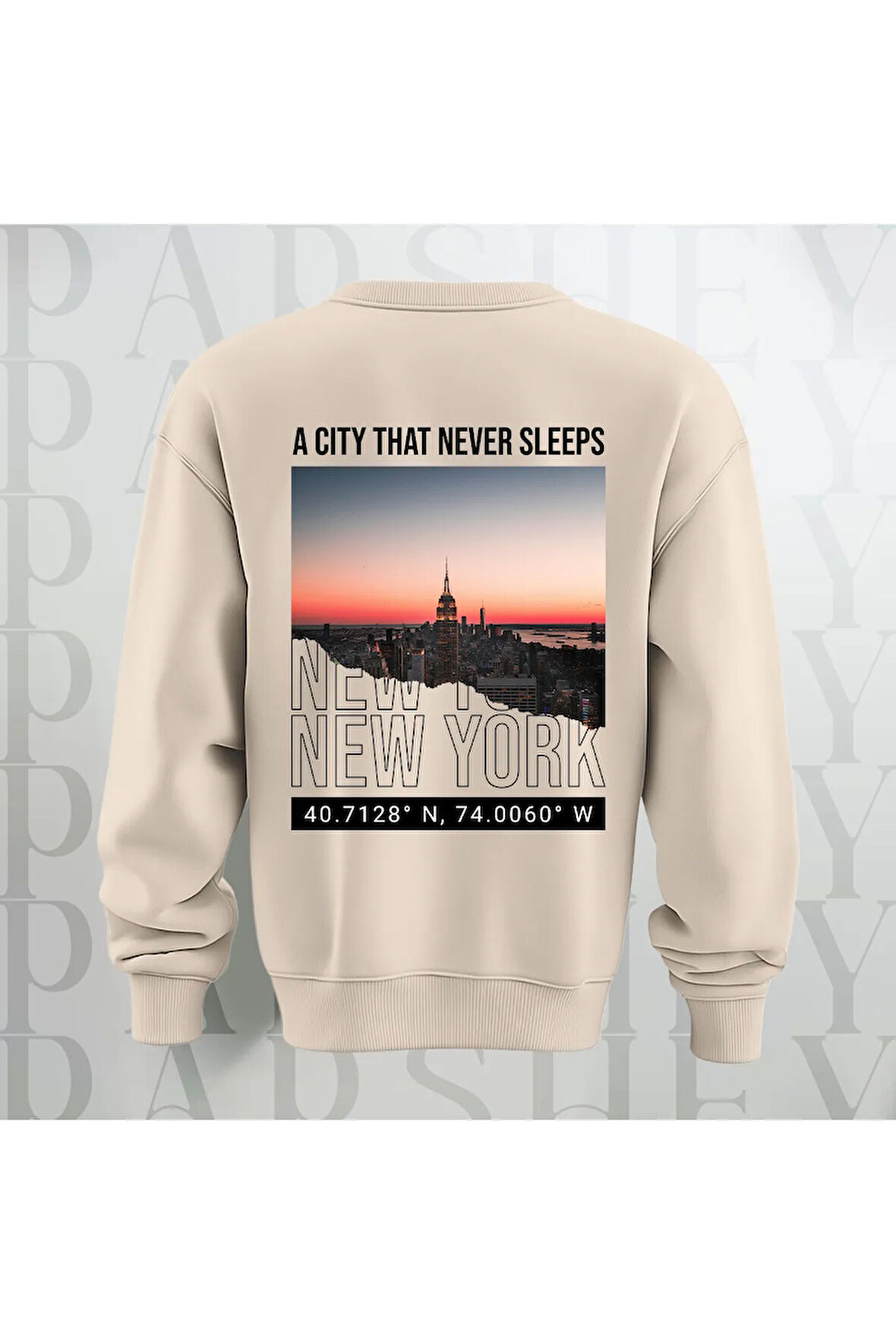 New York Şehir Temalı Sırt Baskılı Oversize Bisiklet Yaka Sweatshirt 3 İplik Şardonlu