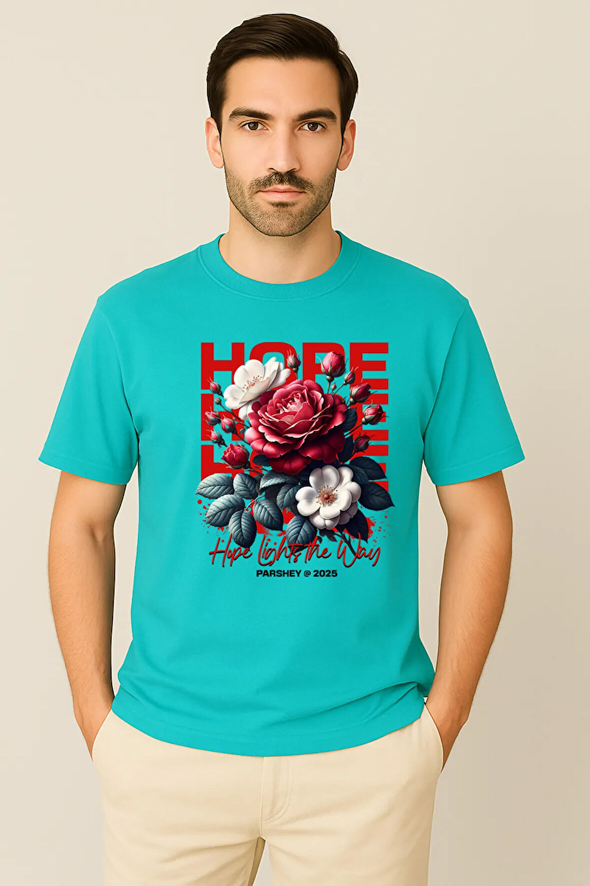 Erkek - Kadın %100 Pamuk Hope Gül Desenli Baskılı Yarım Kollu Bisiklet Yaka T-Shirt