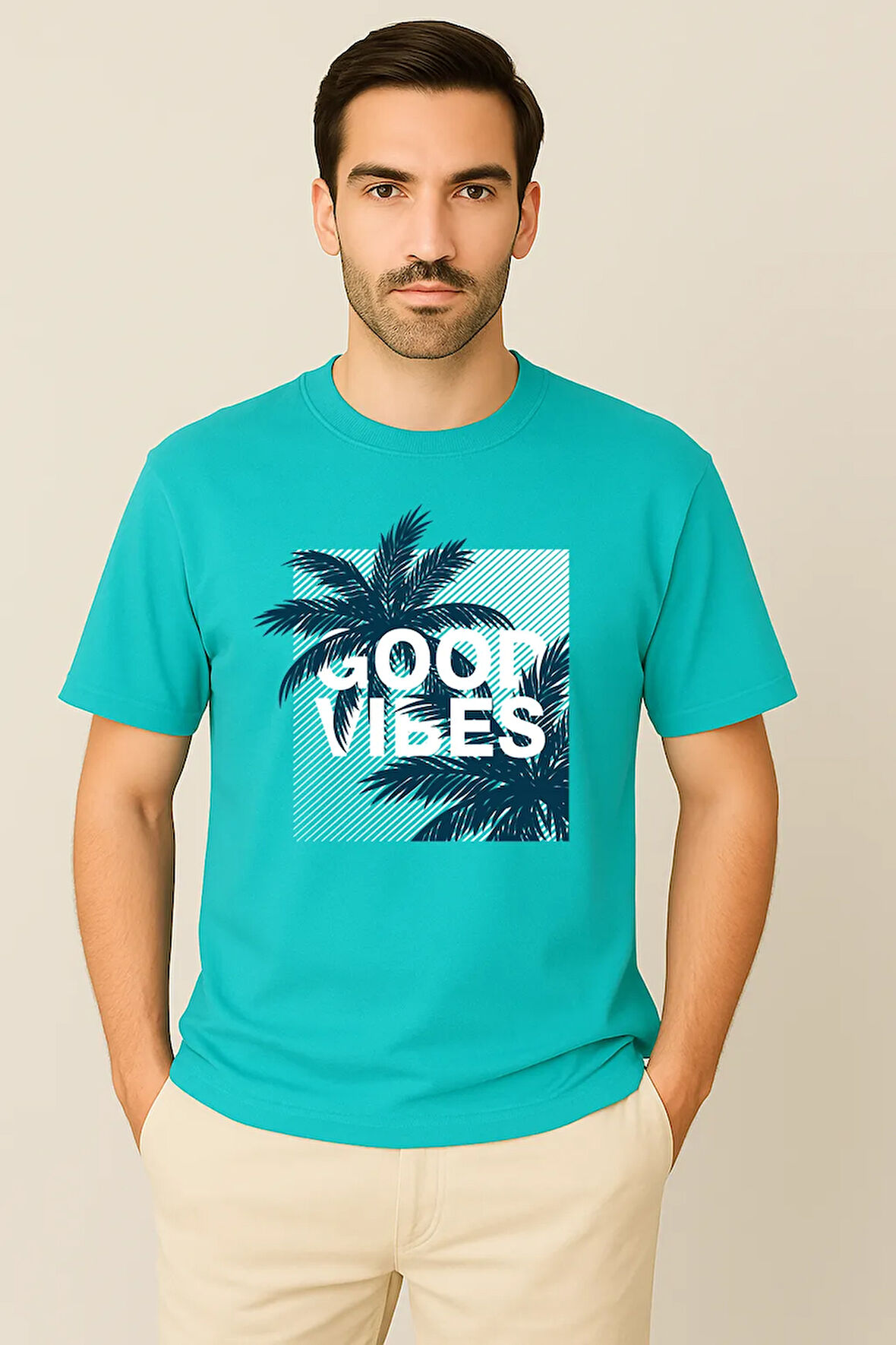 Erkek - Kadın %100 Pamuk Good Vibes Palmiye Desenli Baskılı Yarım Kollu Bisiklet Yaka T-Shirt