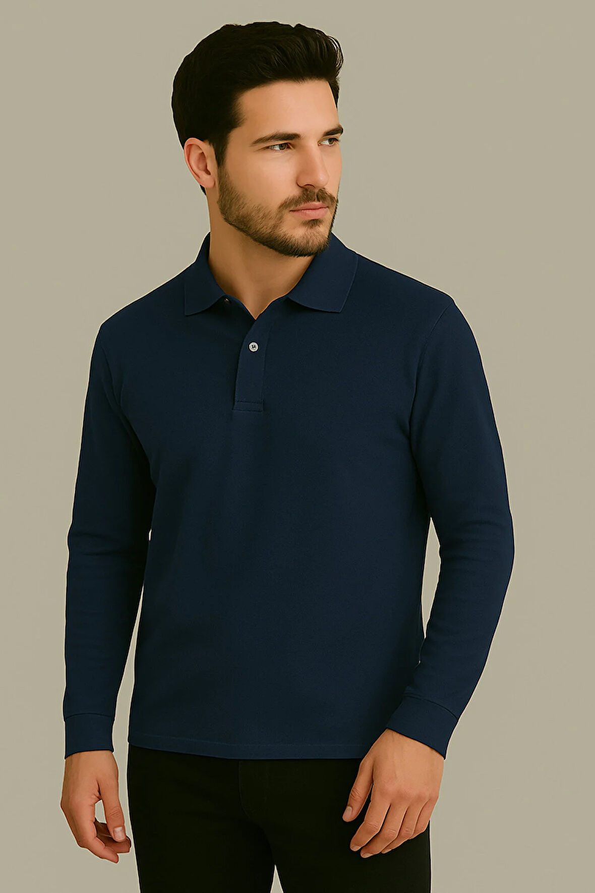 Regular Fit %100 Pamuk Polo Yaka Uzun Kollu Basic T-Shirt