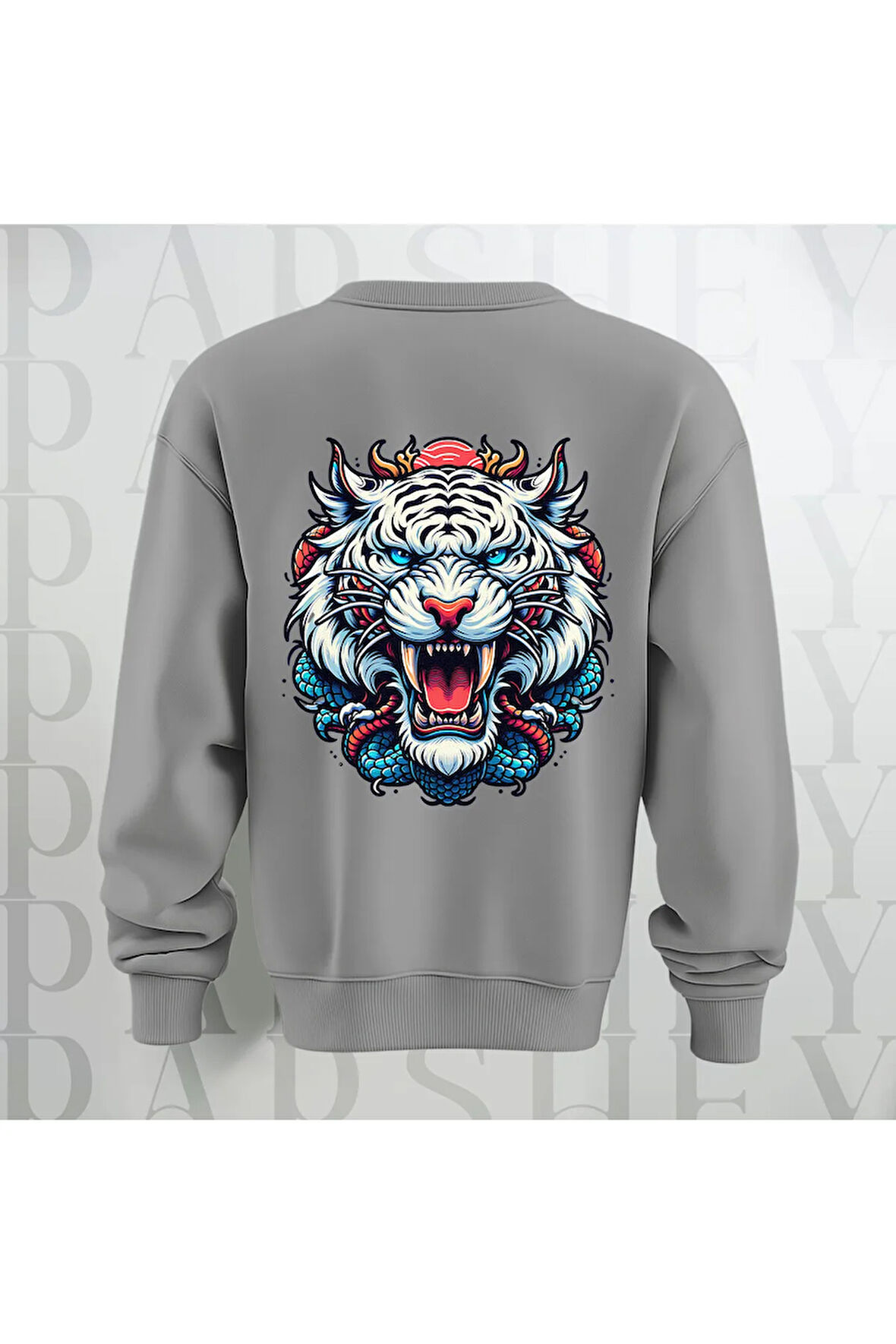 Tiger Baskılı Kalın Kumaş 3 İplik Şardonlu Oversize Unisex Bisiklet Yaka Sweatshirt