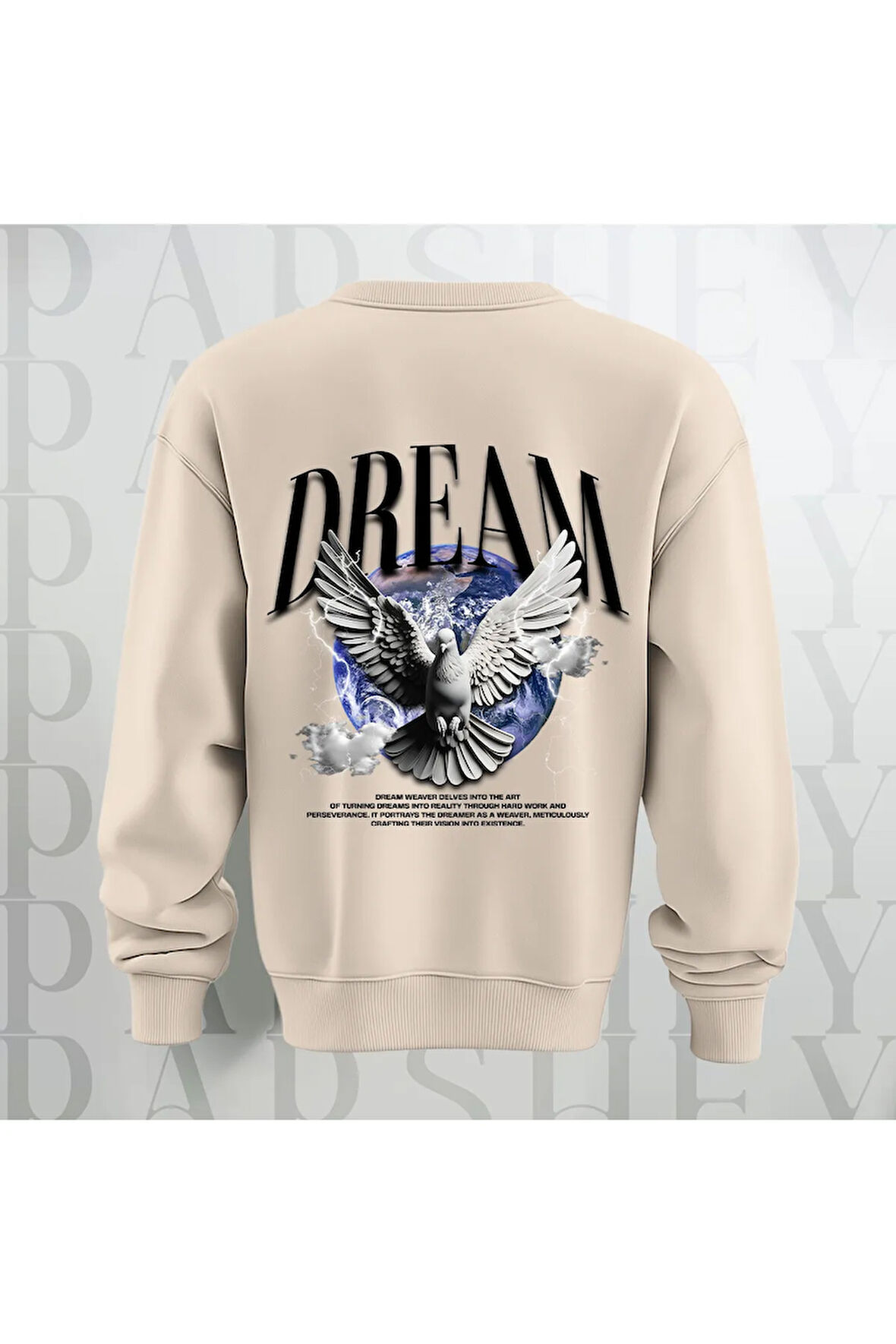 Dream Kuş Desenli Sırt Baskılı 3 İplik Şardonlu Oversize Unisex Bisiklet Yaka Sweatshirt