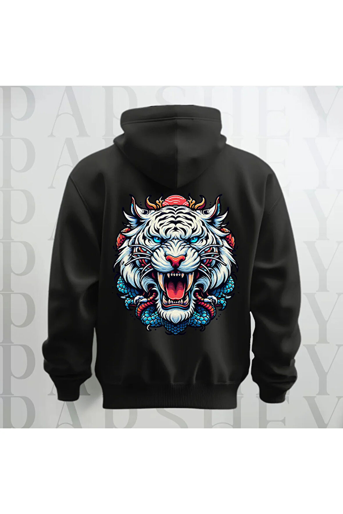 Tiger Büyük Sırt Baskılı Kapüşonlu Unisex Sweatshirt Hoodie Kalın Kumaş 3 İplik Şardonlu