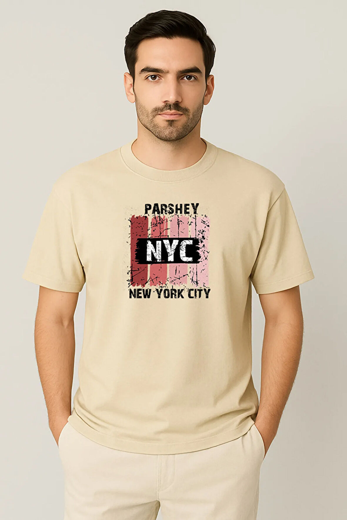 Erkek - Kadın %100 Pamuk New York City Parshey Baskılı Yarım Kollu Bisiklet Yaka T-Shirt