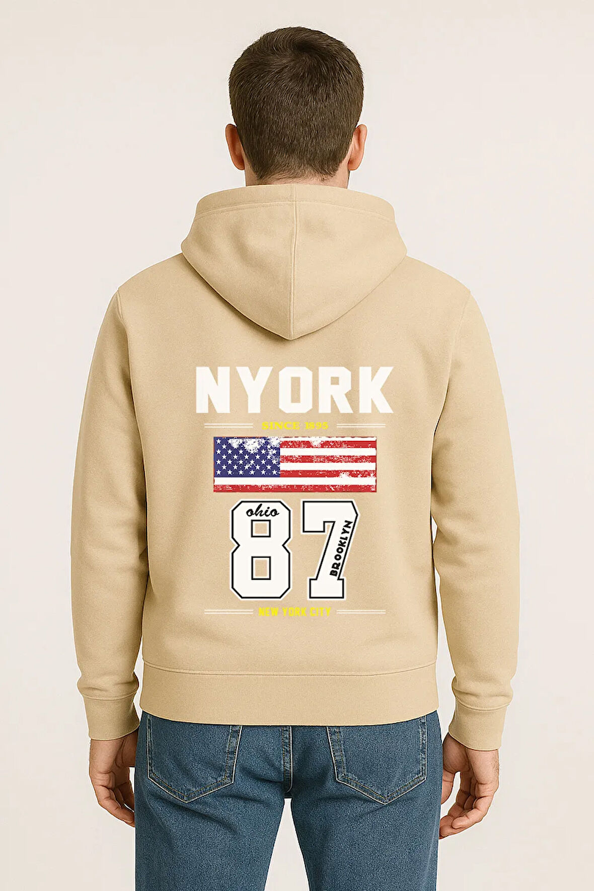 NYORK 87 Baskılı Oversize Hoodie – Amerikan Bayraklı Brooklyn New York City Kapüşonlu Sweatshirt