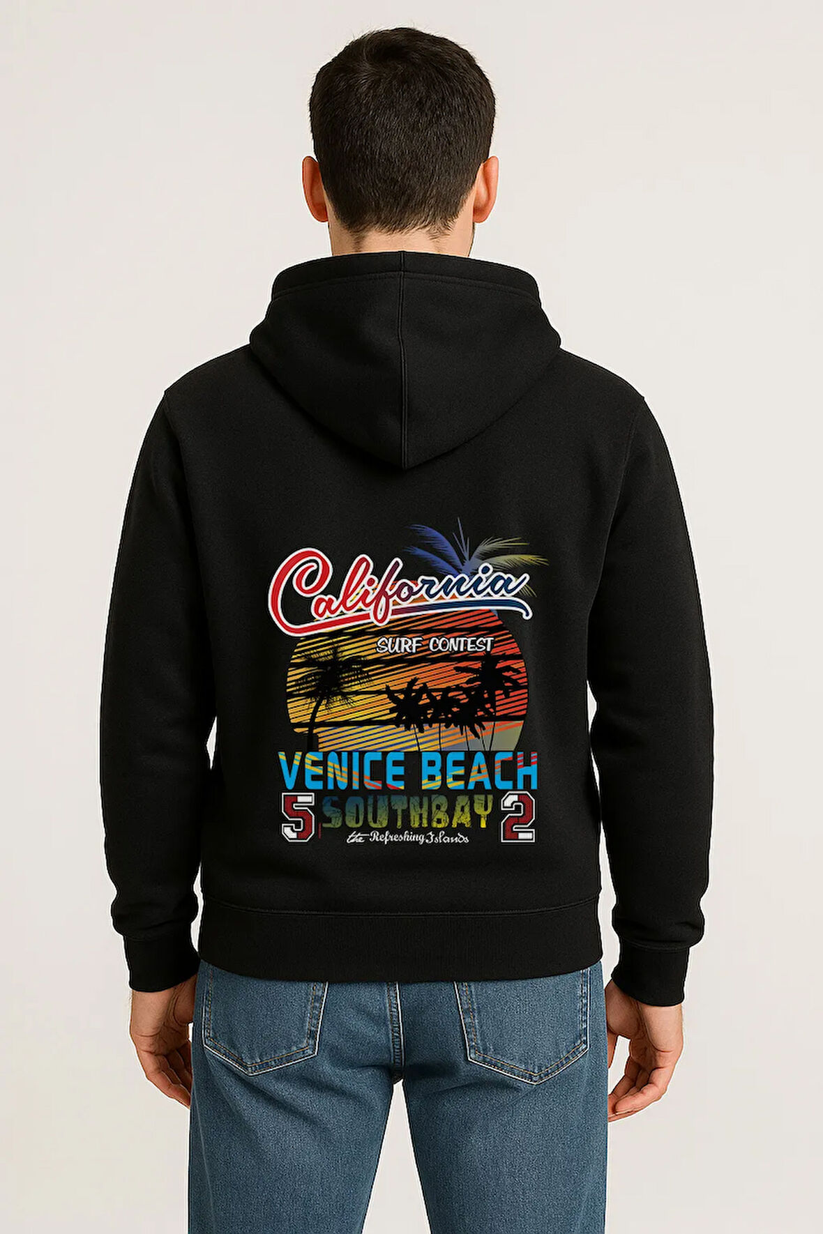 California Venice Beach Baskılı Oversize Hoodie – Retro Surf Tarzı Unisex Kapüşonlu