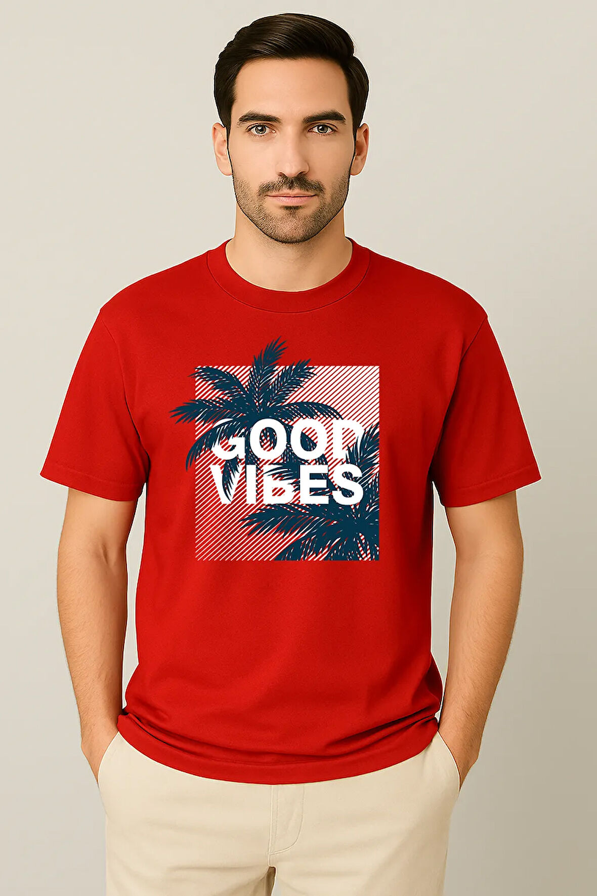 Erkek - Kadın %100 Pamuk Good Vibes Palmiye Desenli Baskılı Yarım Kollu Bisiklet Yaka T-Shirt