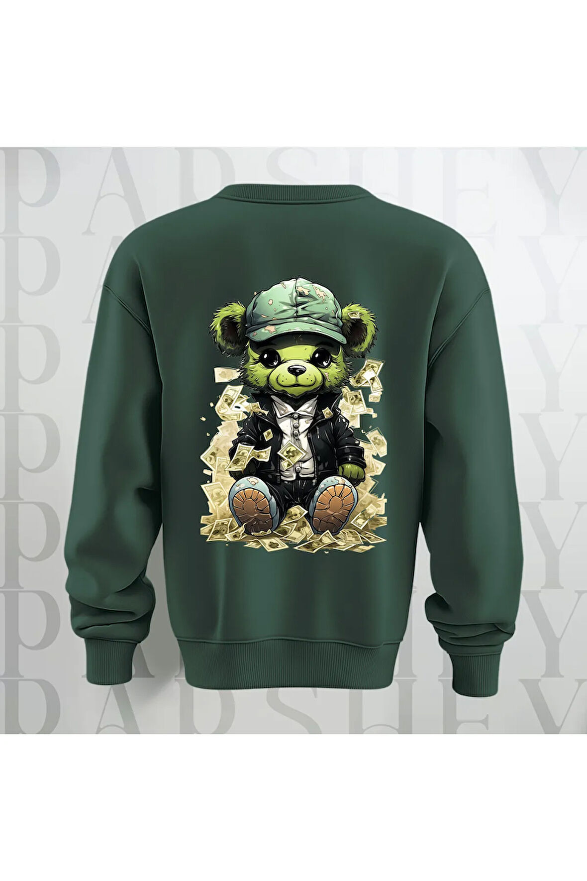 Zengin Teddy Sırt Baskılı Bisiklet Yaka Sweatshirt 3 İplik Şardonlu Oversize Kalıp Unisex