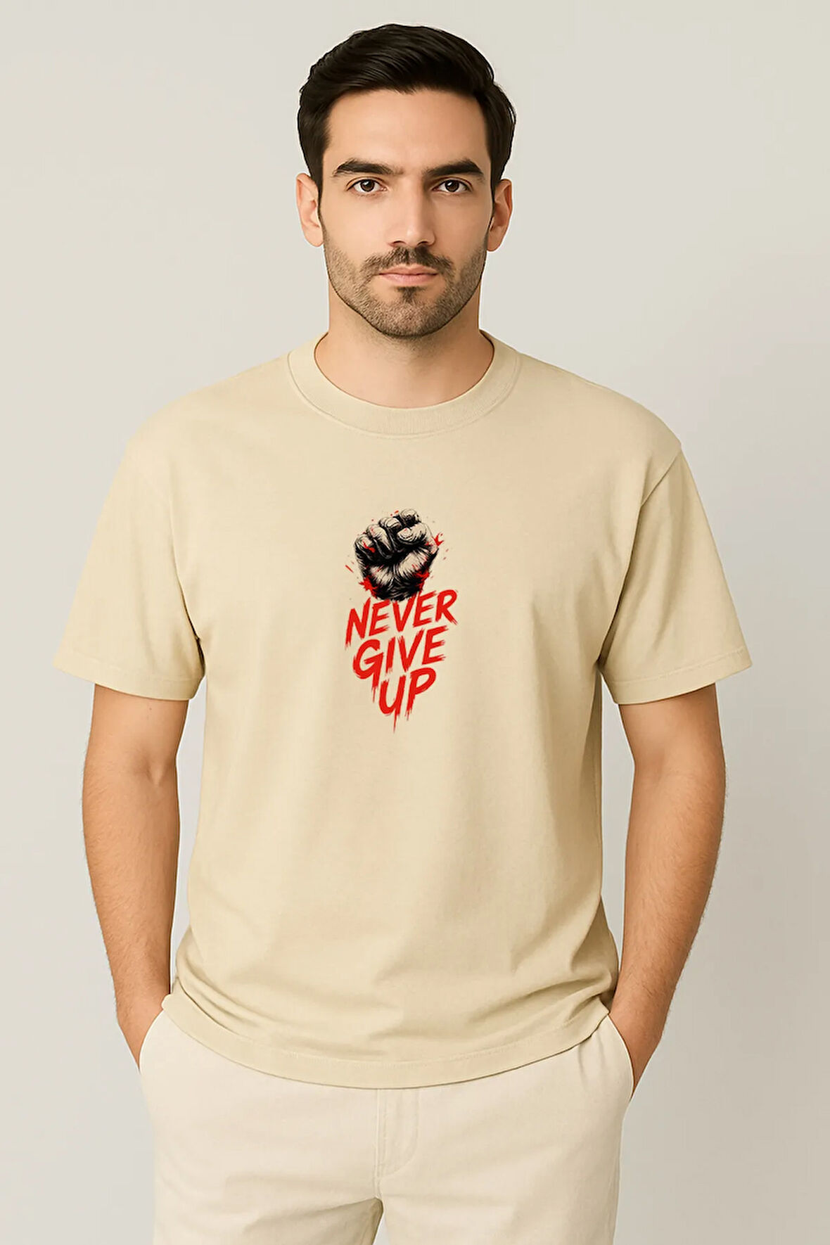 Erkek - Kadın Never Give Up Baskılı Unisex Yarım Kollu Bisiklet Yaka %100 Pamuk Oversize T-shirt
