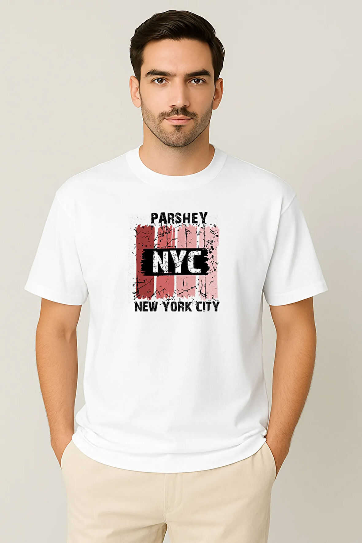 Erkek - Kadın %100 Pamuk New York City Parshey Baskılı Yarım Kollu Bisiklet Yaka T-Shirt