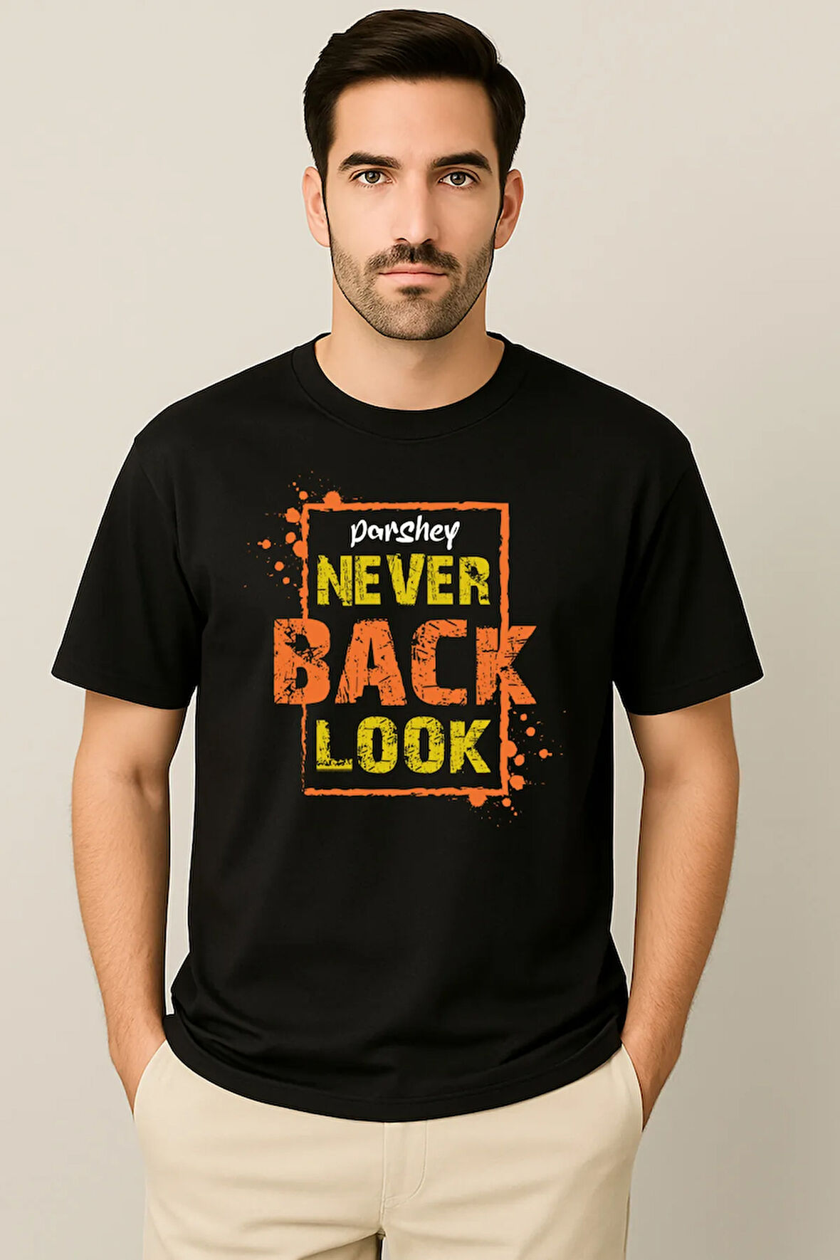 Erkek - Kadın %100 Pamuk Never Look Back Baskılı Yarım Kollu Bisiklet Yaka T-Shirt
