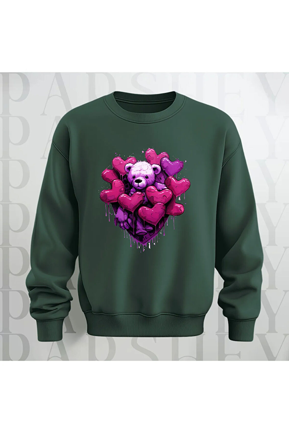 Love Teddy Deseni Baskılı Bisiklet Yaka Unisex Oversize Kalıp Sweatshirt 3 İplik Şardonlu