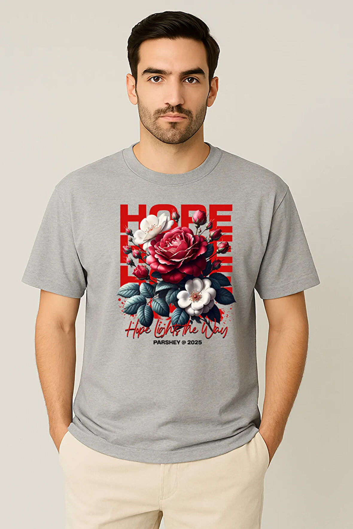 Erkek - Kadın %100 Pamuk Hope Gül Desenli Baskılı Yarım Kollu Bisiklet Yaka T-Shirt