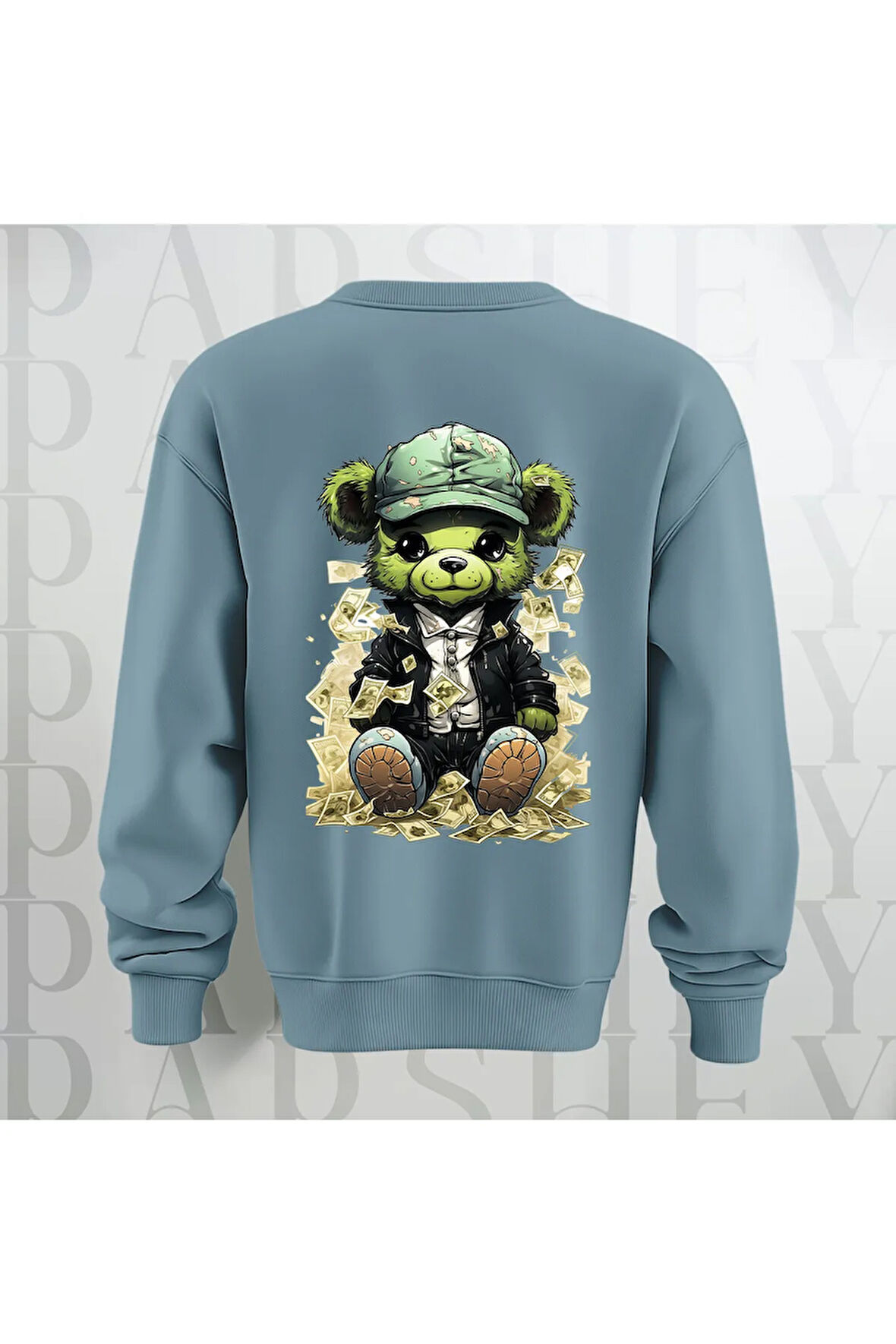 Zengin Teddy Sırt Baskılı Bisiklet Yaka Sweatshirt 3 İplik Şardonlu Oversize Kalıp Unisex