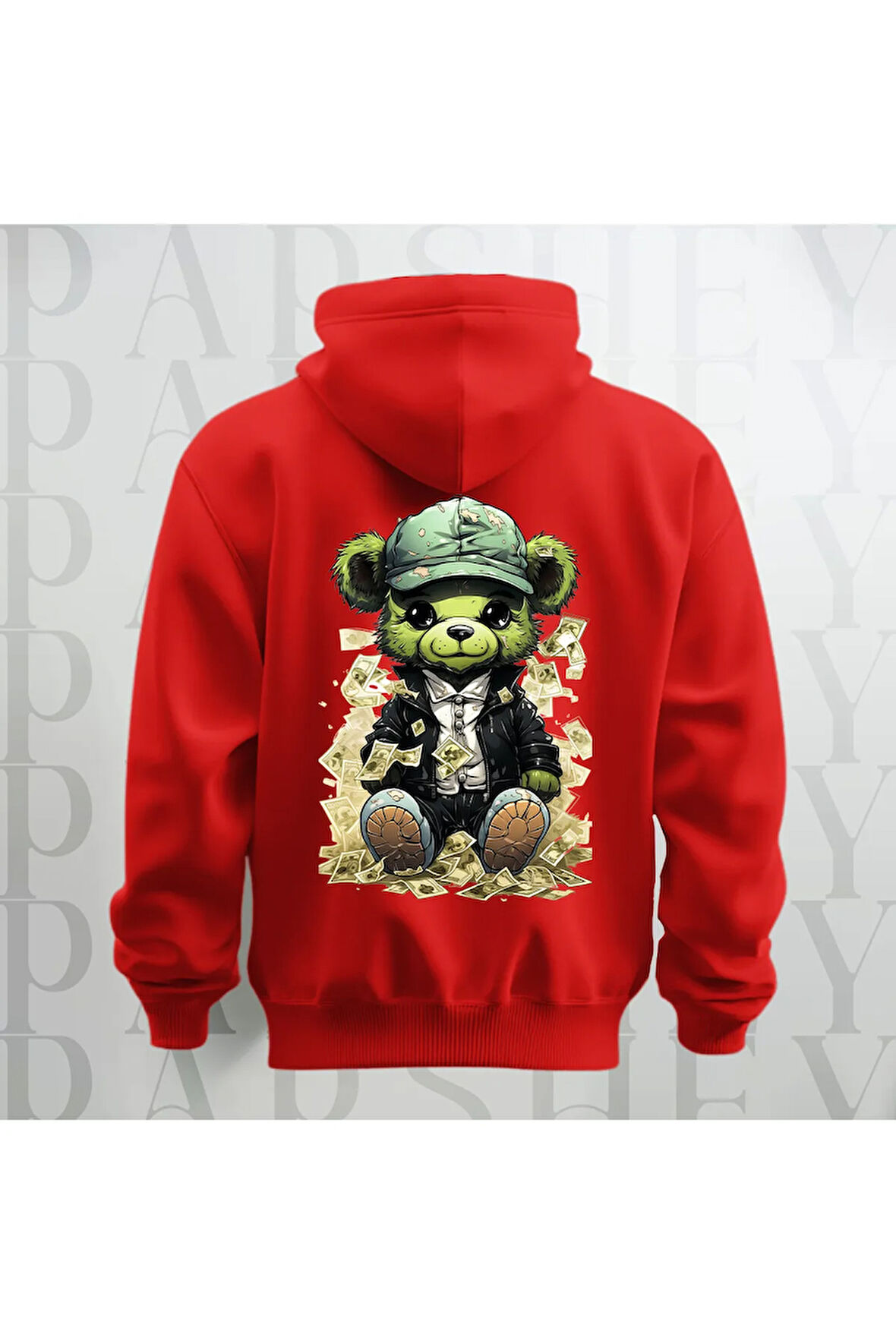 Paralı Teddy Sırt Baskılı Kapüşonlu Unisex Oversize Sweatshirt Hoodie Kalın Kumaş 3 İplik Şardonlu