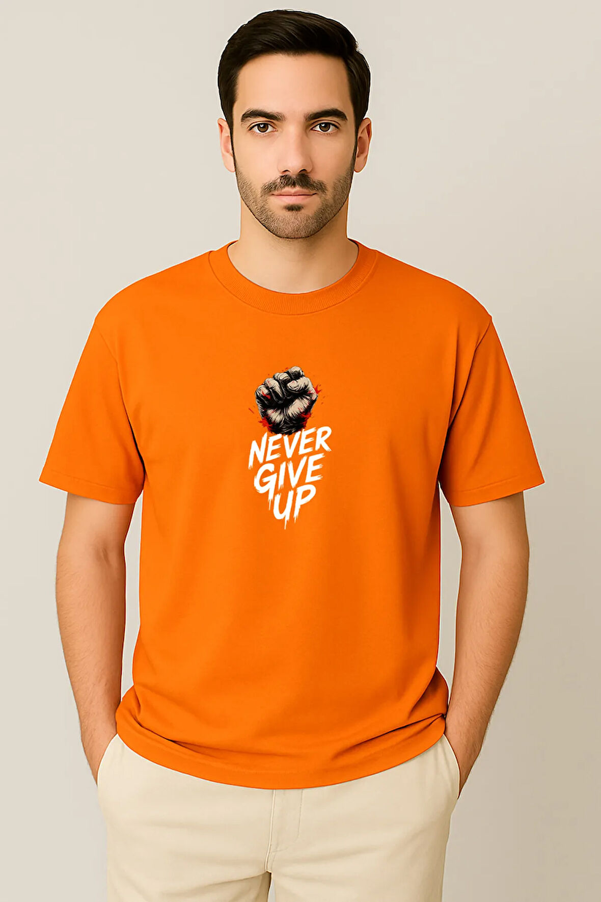 Erkek - Kadın Never Give Up Baskılı Unisex Yarım Kollu Bisiklet Yaka %100 Pamuk Oversize T-shirt