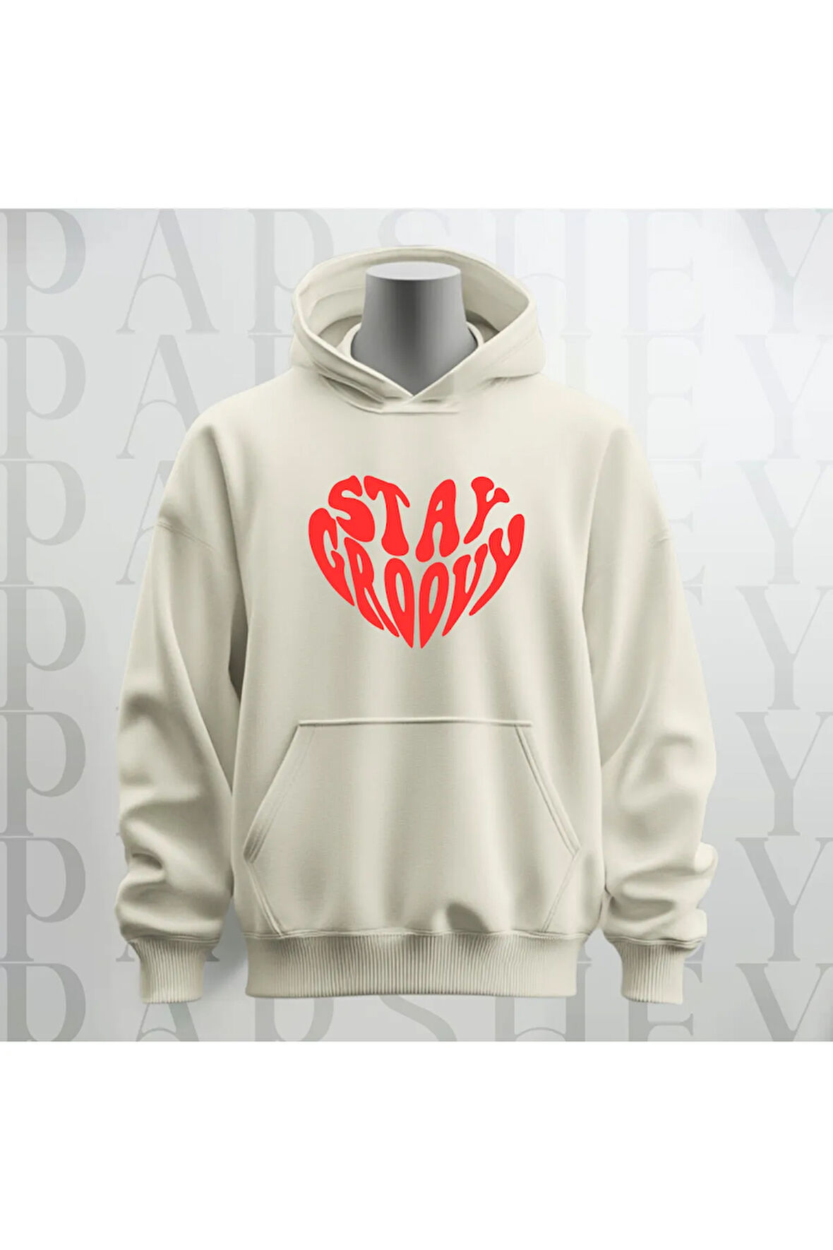 Stay Groovy Kalp Şekilli Baskılı Kapüşonlu Oversize Sweatshirt Hoodie Kalın Kumaş 3 İplik Şardonlu