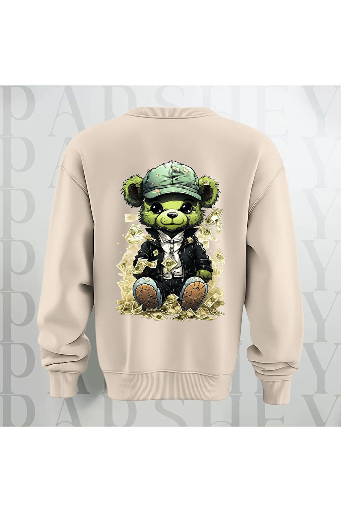 Zengin Teddy Sırt Baskılı Bisiklet Yaka Sweatshirt 3 İplik Şardonlu Oversize Kalıp Unisex