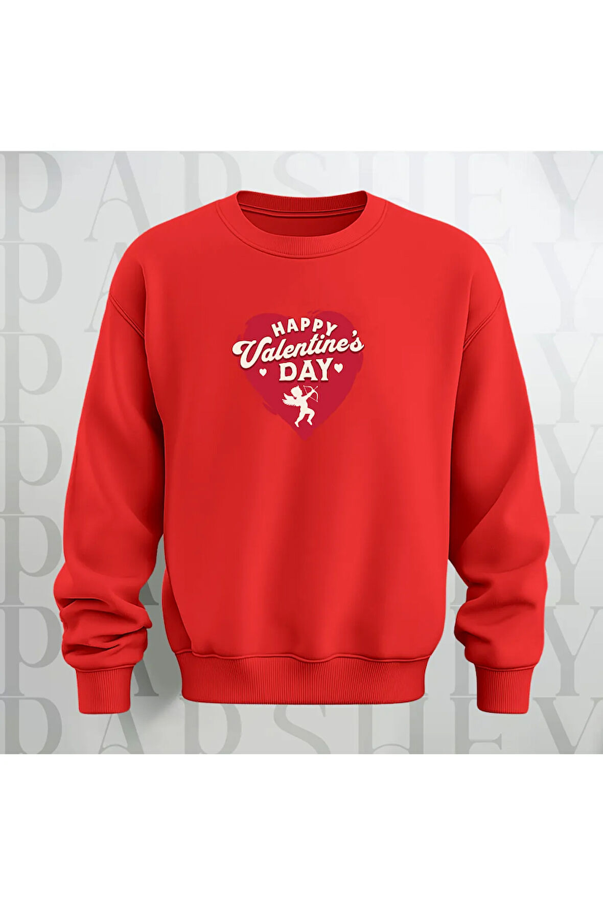 Happy Valentine's Day Kalp Desenli Oversize Bisiklet Yaka Sweatshirt 3 İplik Şardonlu