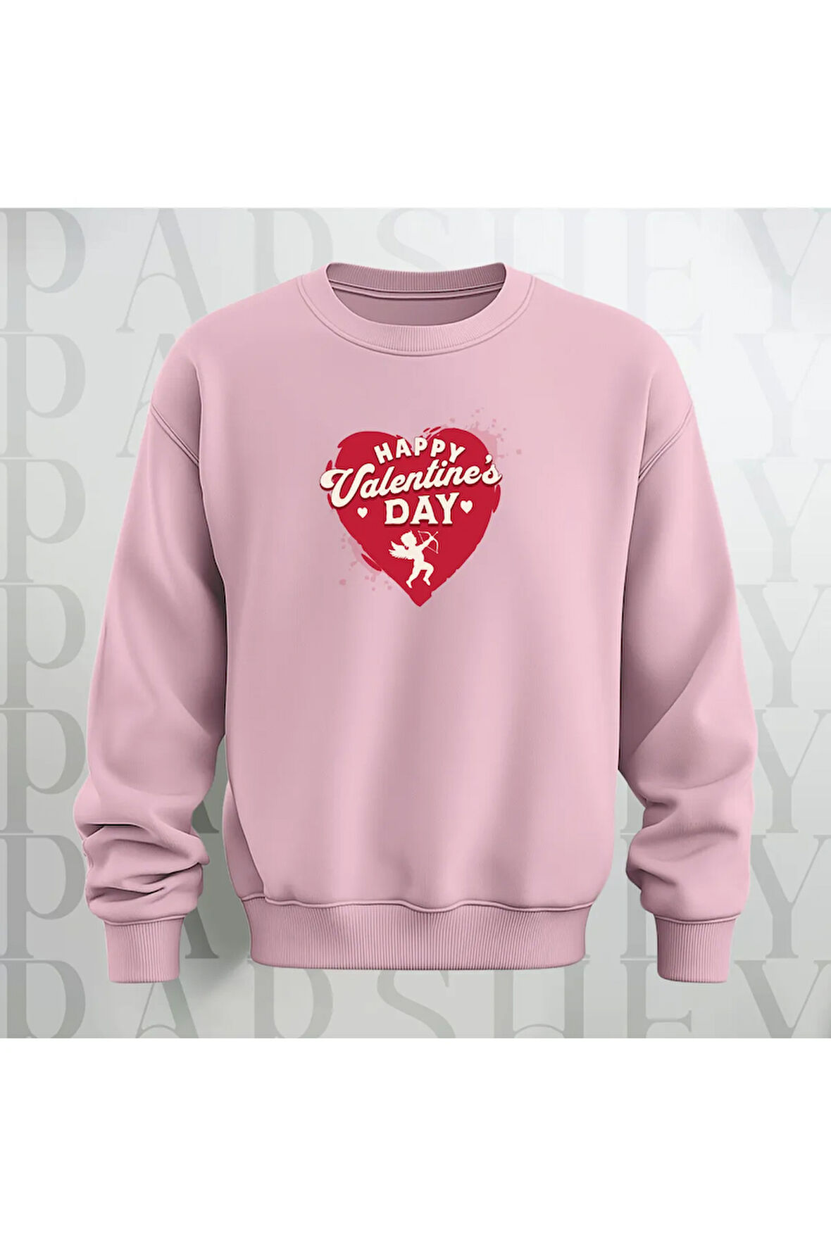 Happy Valentine's Day Kalp Desenli Oversize Bisiklet Yaka Sweatshirt 3 İplik Şardonlu
