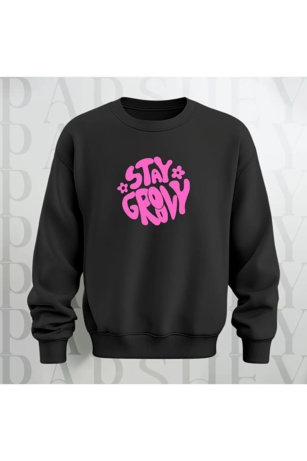 Stay Groovy Göğüs Baskılı Kalın Kumaş 3 İplik Şardonlu Oversize Unisex Bisiklet Yaka Sweatshirt