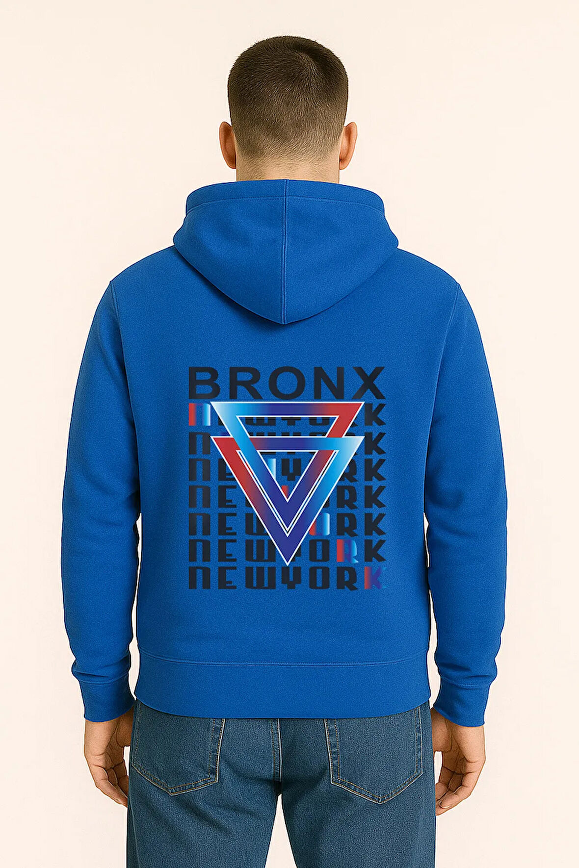 Bronx New York Baskılı Oversize Hoodie – Geometrik Renkli Arka Tasarım Unisex Kapüşonlu Sweatshirt