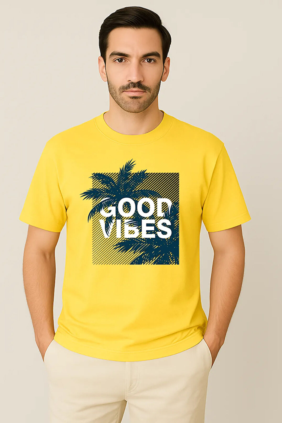 Erkek - Kadın %100 Pamuk Good Vibes Palmiye Desenli Baskılı Yarım Kollu Bisiklet Yaka T-Shirt