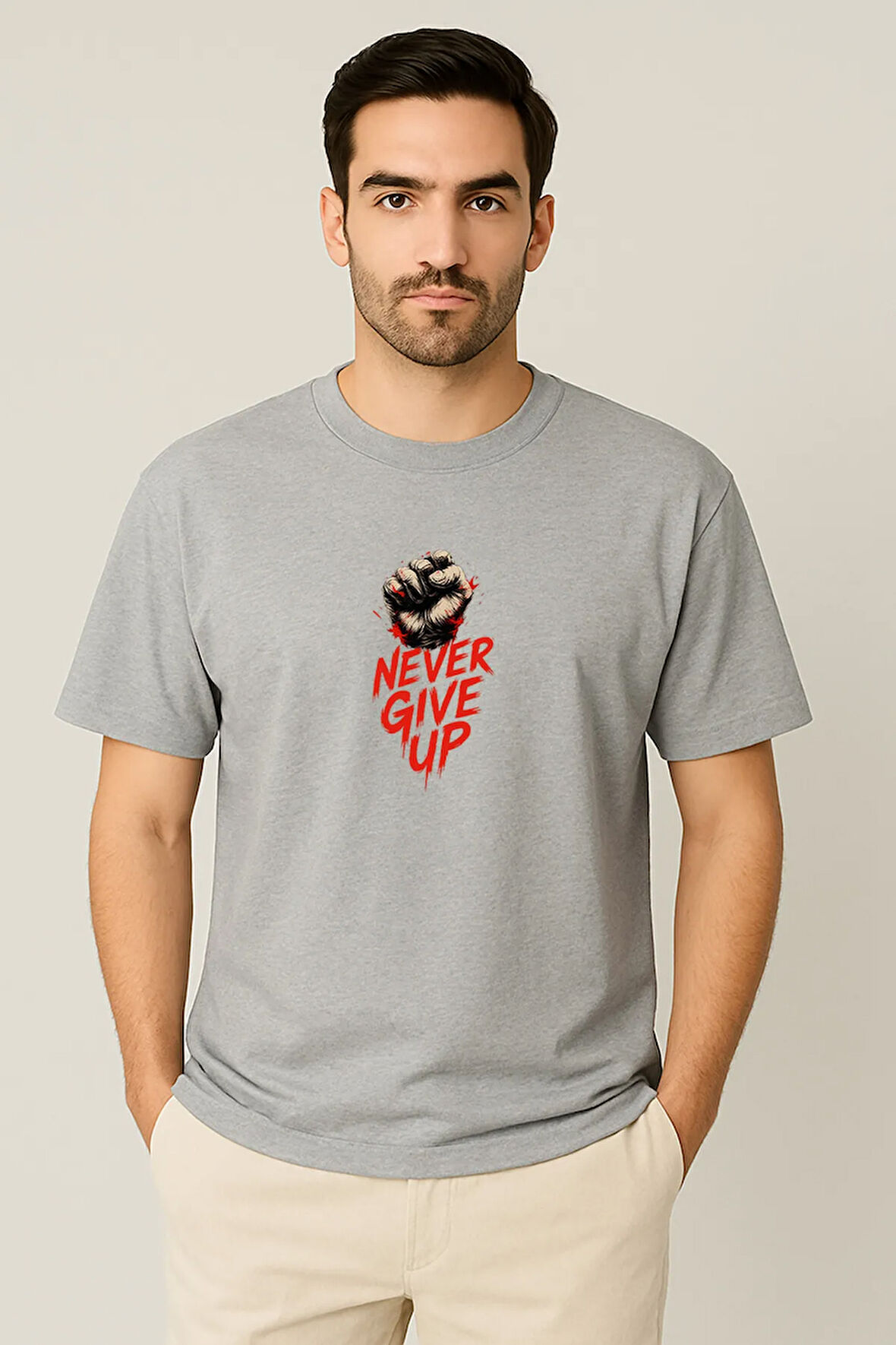 Erkek - Kadın Never Give Up Baskılı Unisex Yarım Kollu Bisiklet Yaka %100 Pamuk Oversize T-shirt