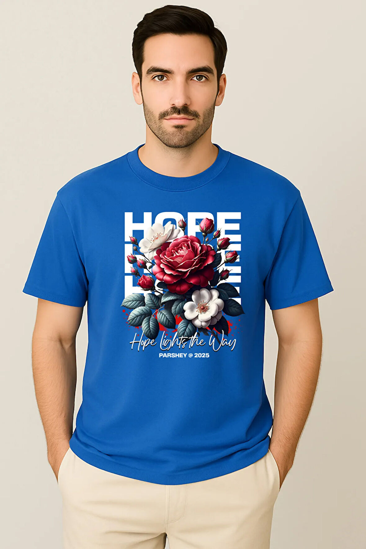 Erkek - Kadın %100 Pamuk Hope Gül Desenli Baskılı Yarım Kollu Bisiklet Yaka T-Shirt