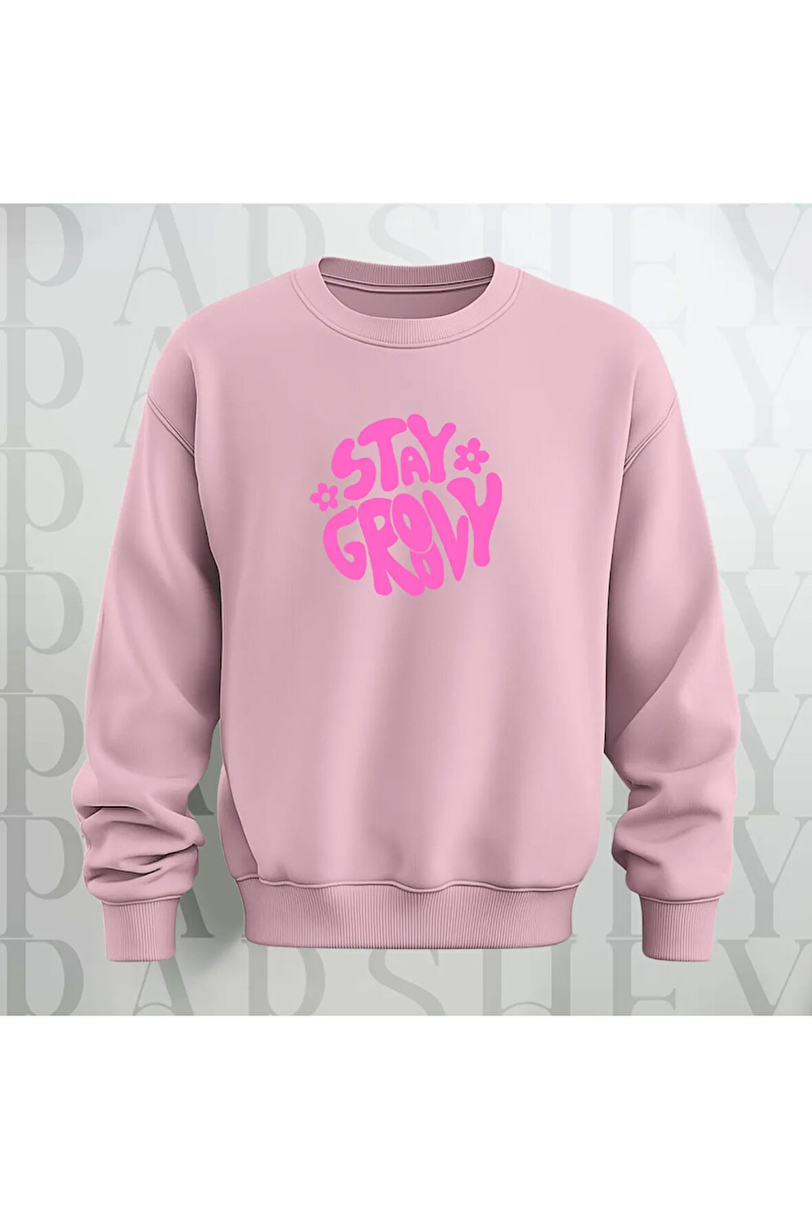 Stay Groovy Göğüs Baskılı Kalın Kumaş 3 İplik Şardonlu Oversize Unisex Bisiklet Yaka Sweatshirt