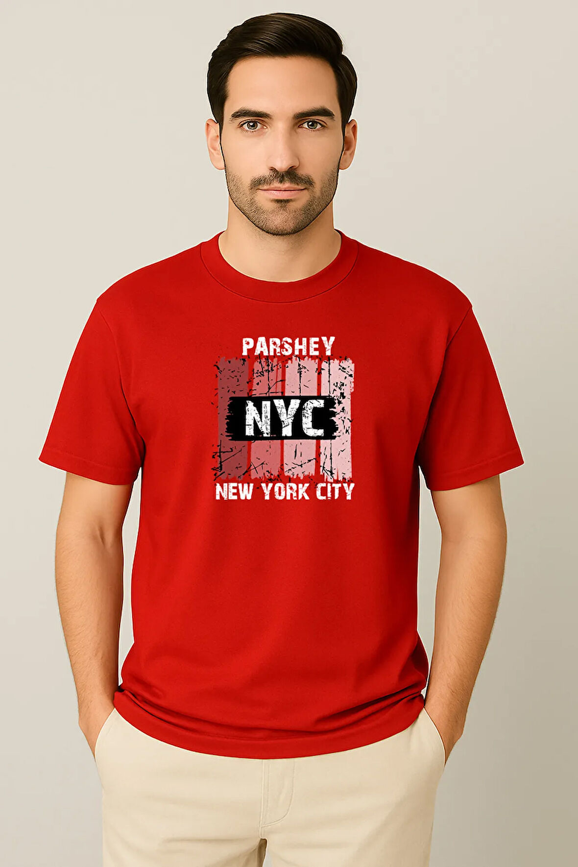 Erkek - Kadın %100 Pamuk New York City Parshey Baskılı Yarım Kollu Bisiklet Yaka T-Shirt